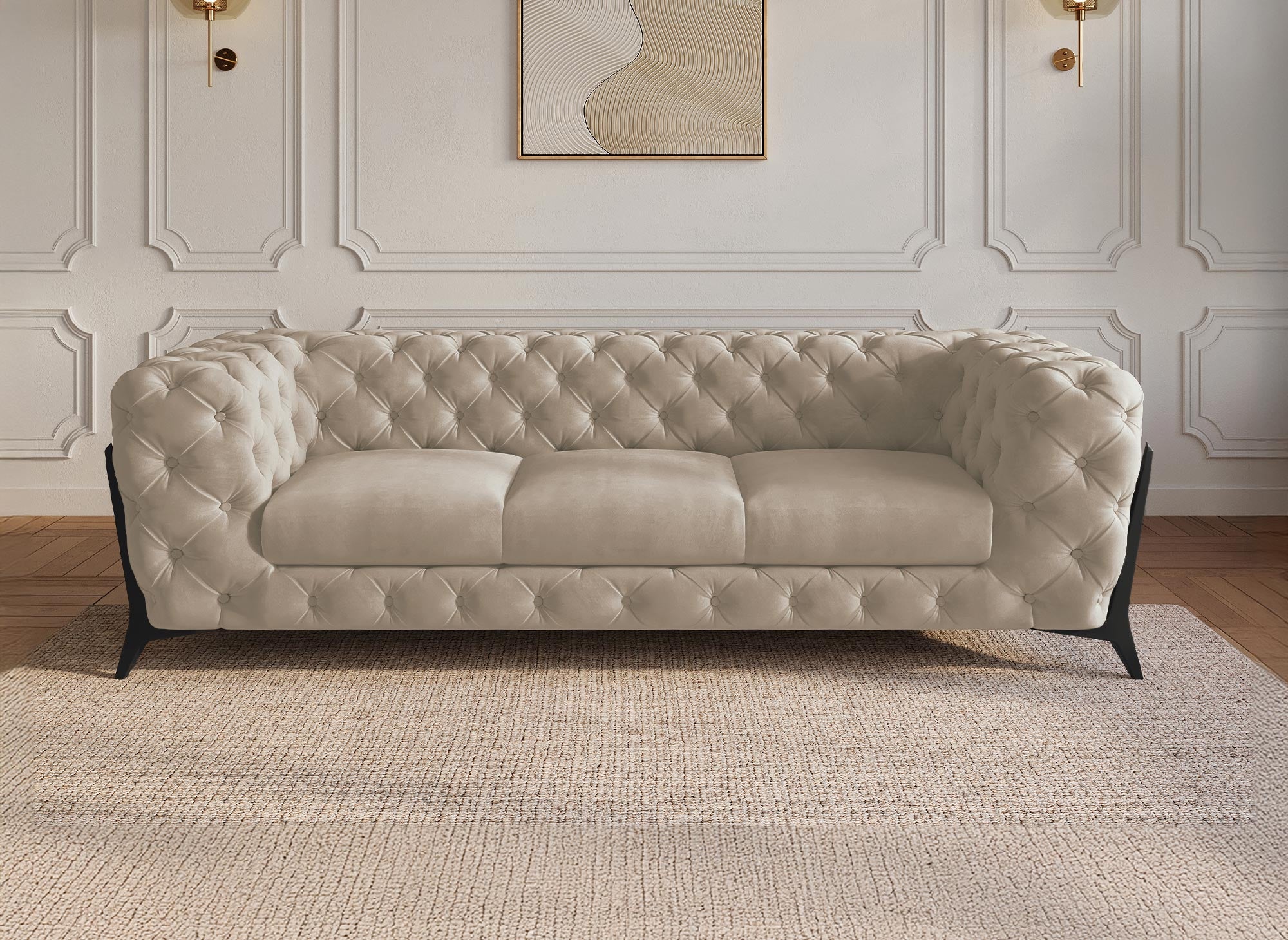 Sofá Chesterfield de 3 plazas CARMEN capitoné en terciopelo beige