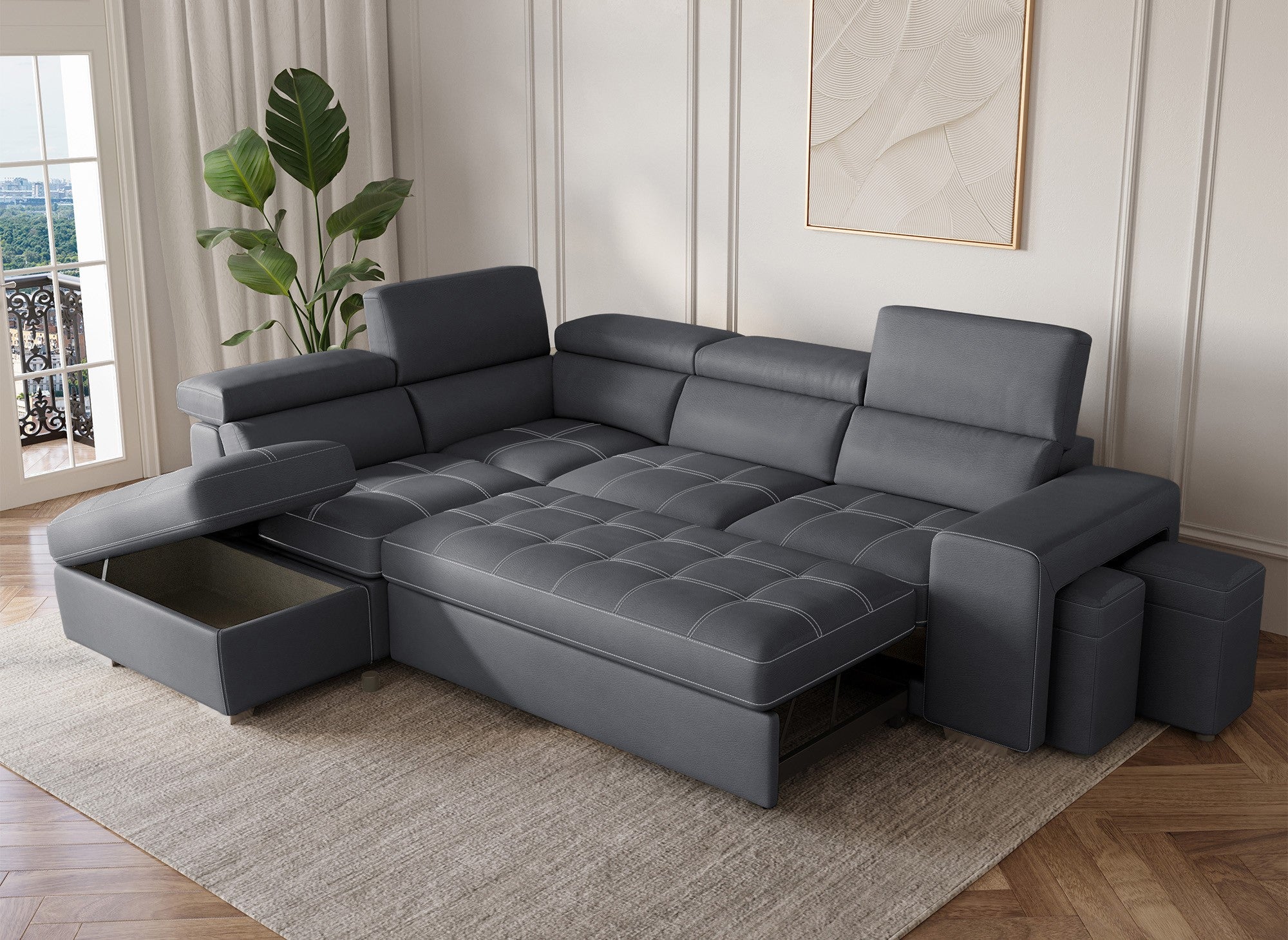 Sofá cama esquinero DAVON de tela gris - esquina izquierda