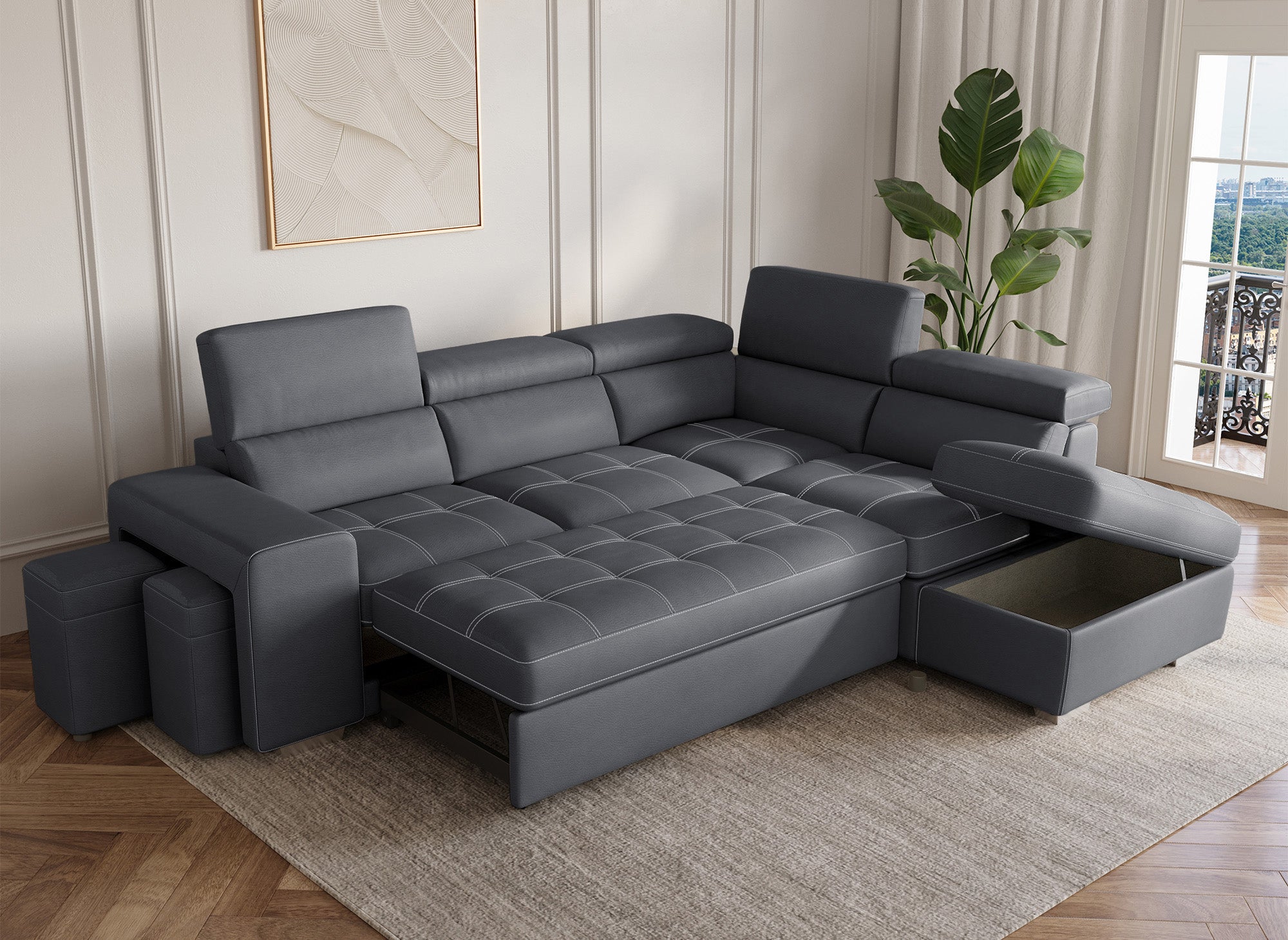 Sofá esquinero convertible DAVON en tela gris - esquina derecha