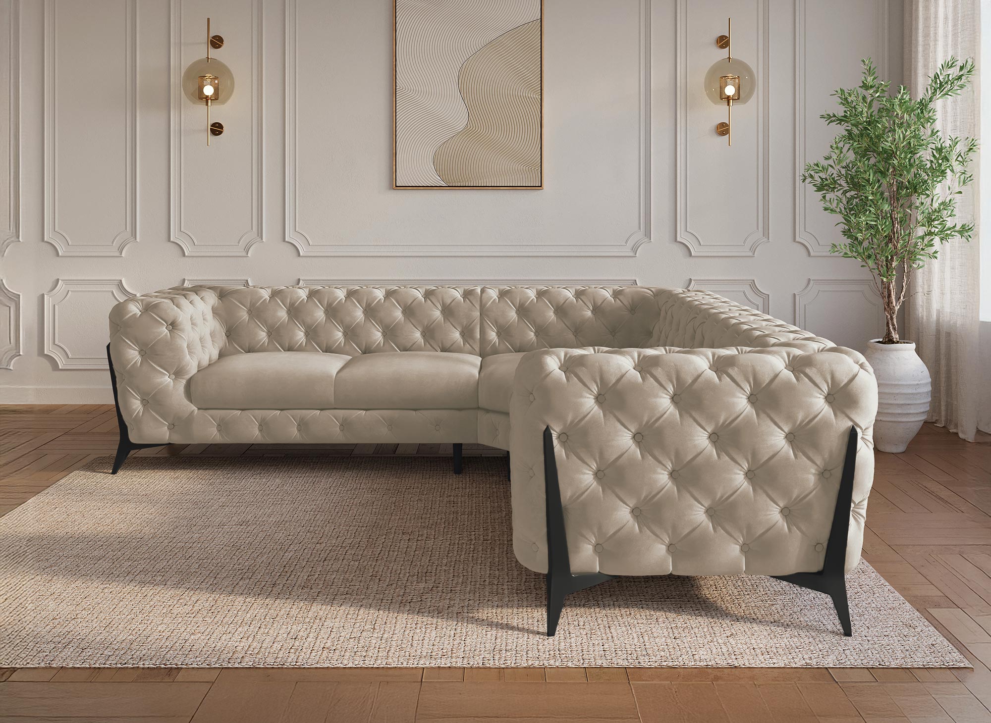 Sofá esquinero capitoné Chesterfield de terciopelo beige CARMEN