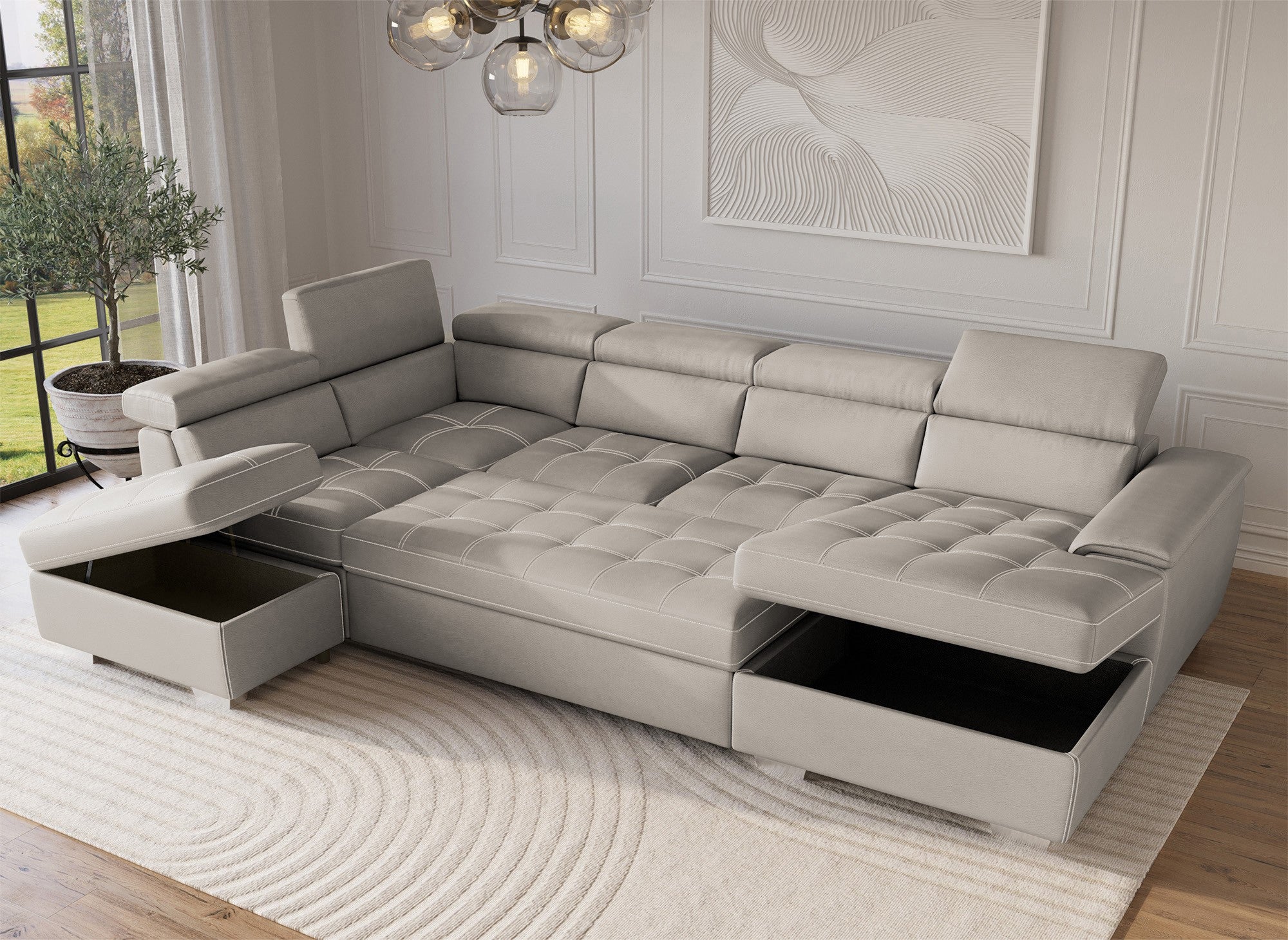 Sofá cama y panorámico OLIVER con compartimento de almacenamiento en tela beige - Esquina derecha