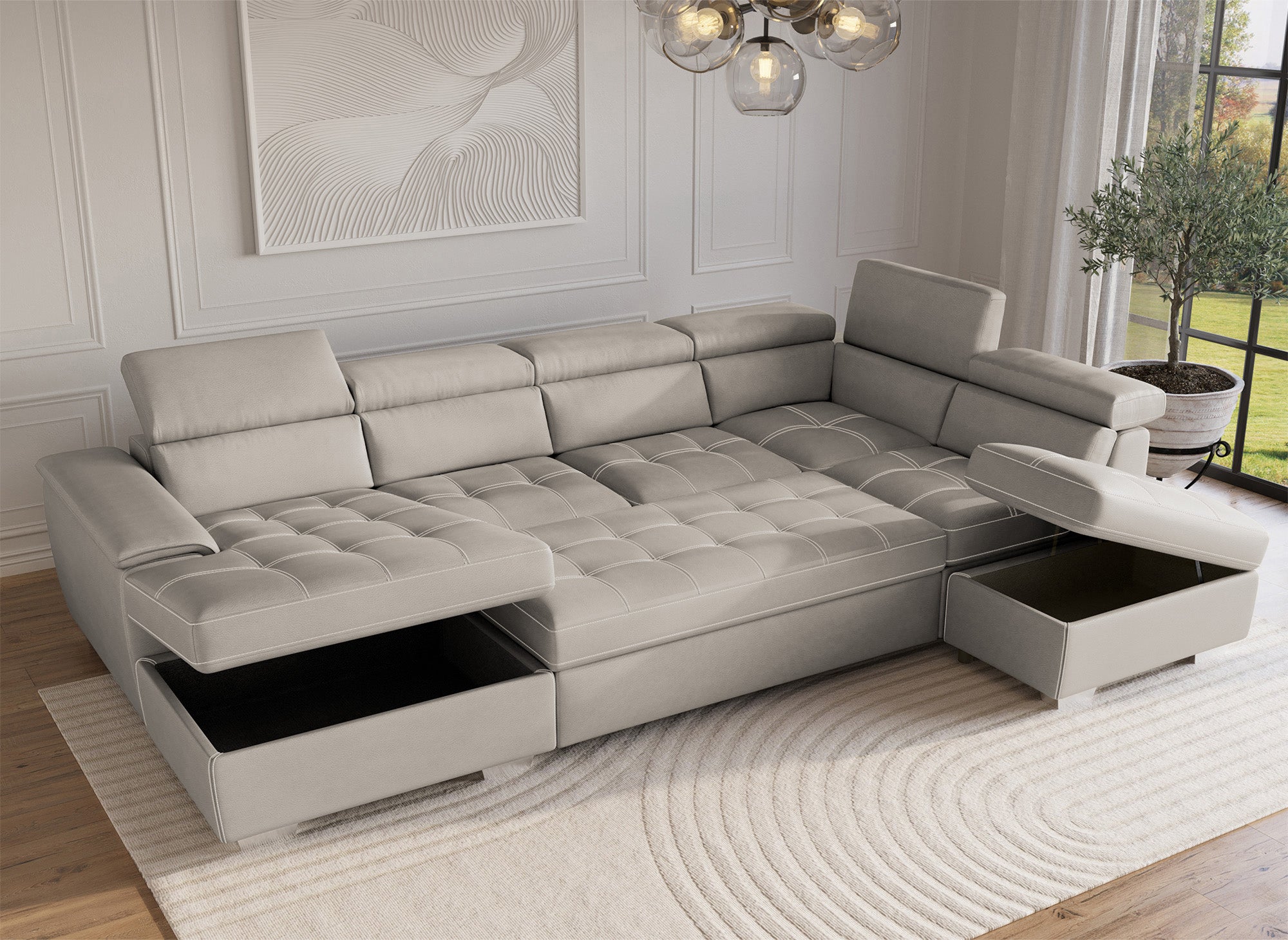 Sofá convertible y panorámico OLIVER con compartimento de almacenamiento en tela beige - Esquina izquierda