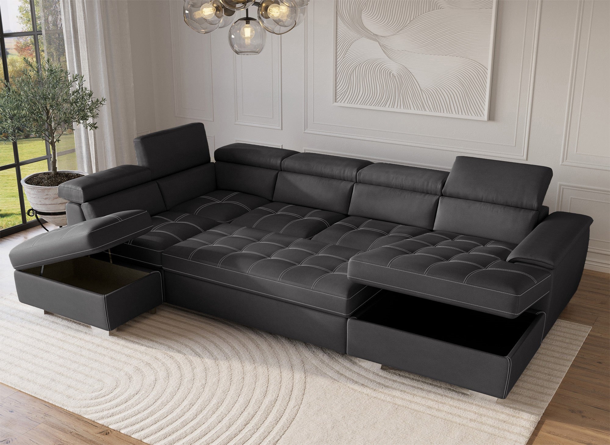 Sofá convertible y panorámico OLIVER con compartimento de almacenamiento en tela gris - Esquina derecha