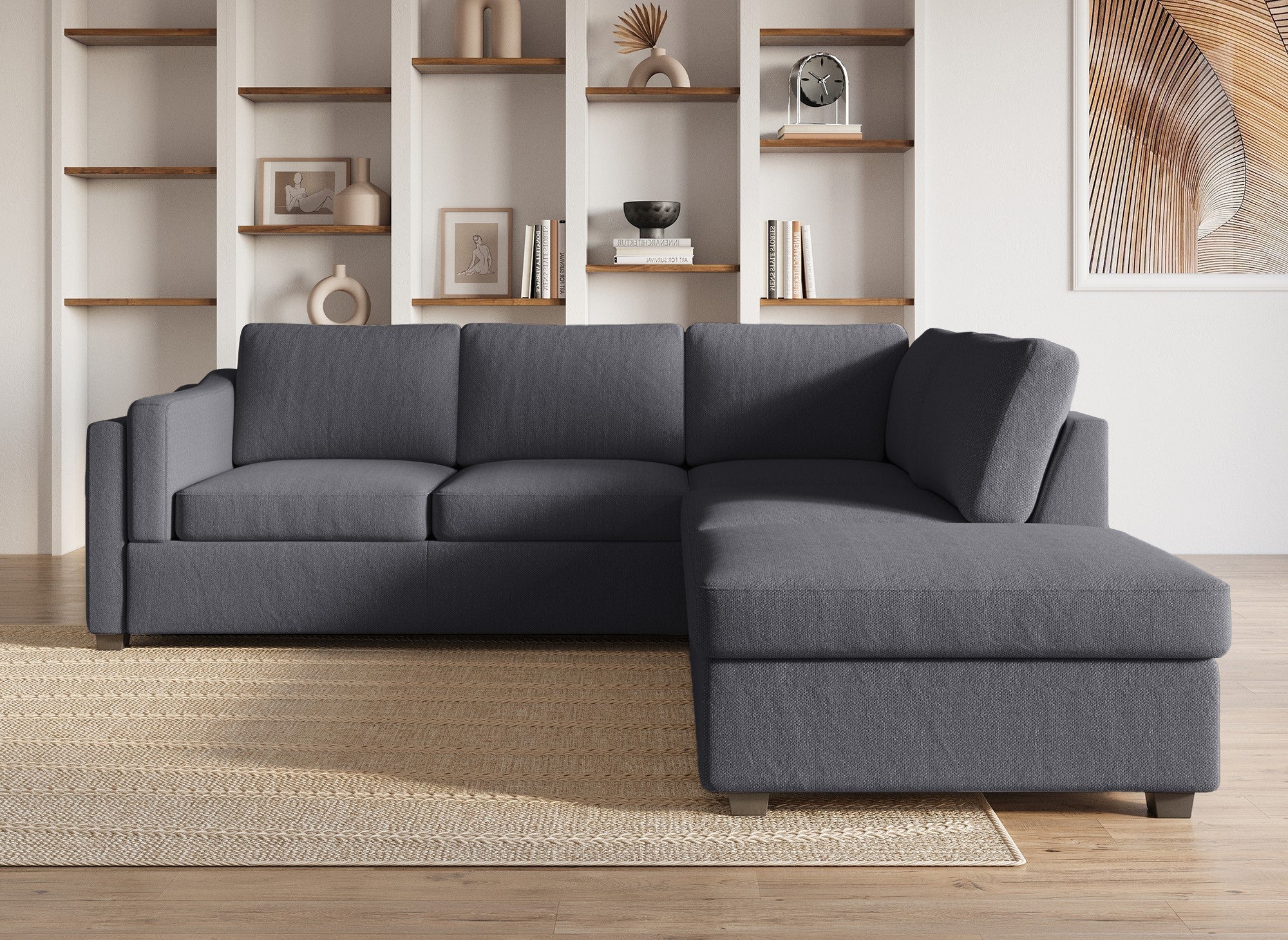 Sofá cama BARNEY con almacenaje en tela gris - Esquina derecha