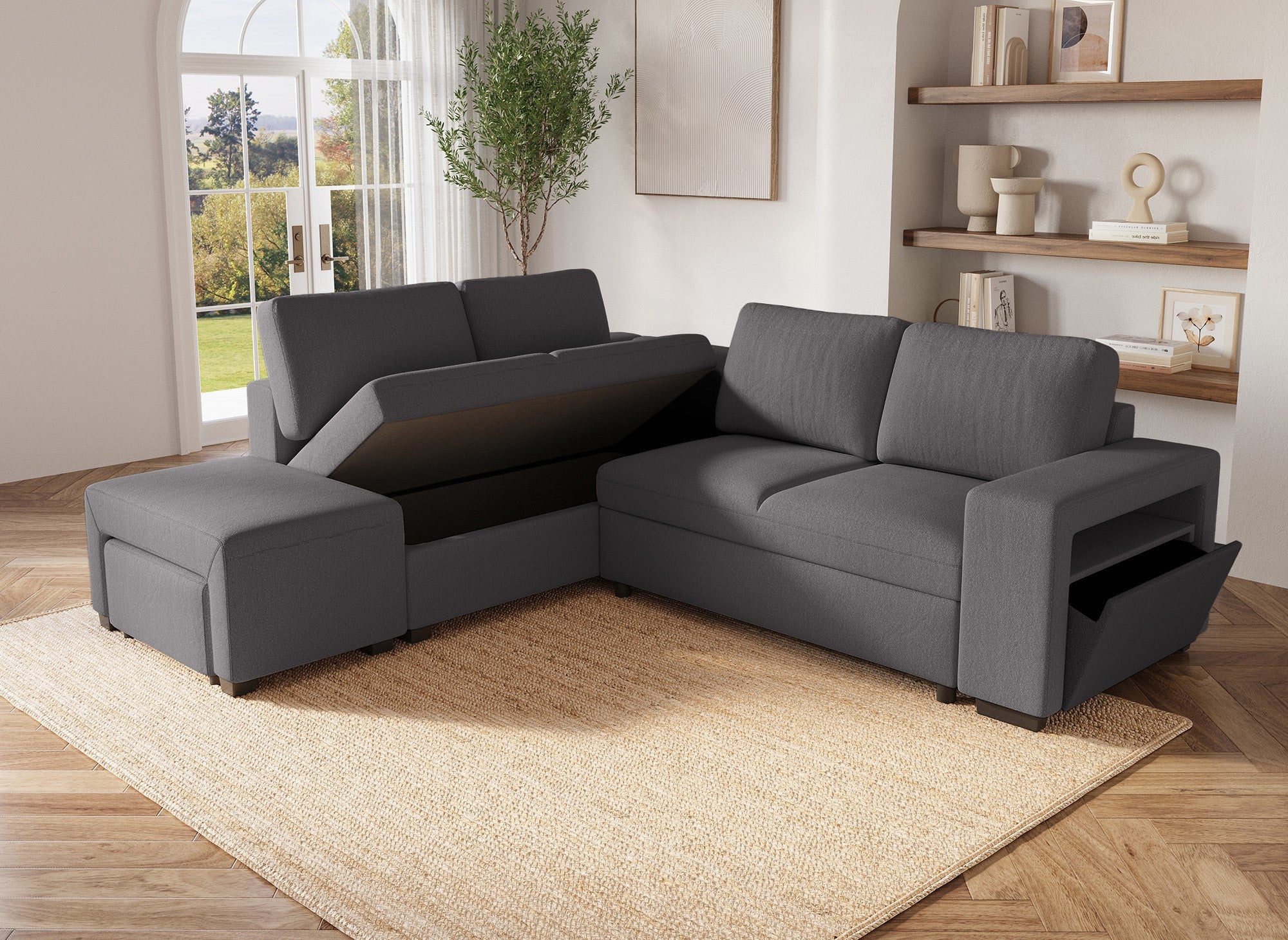 Sofá cama esquinero ALBAN en tela gris oscuro - Esquina izquierda