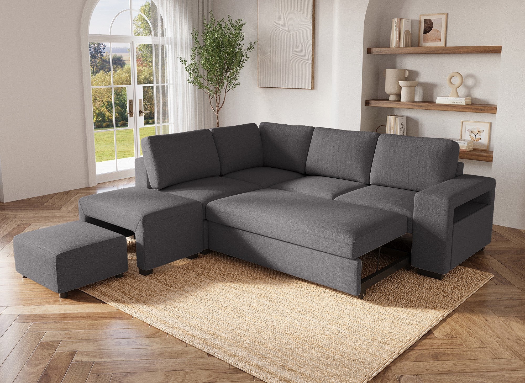 Sofá cama esquinero ALBAN en tela gris oscuro - Esquina izquierda