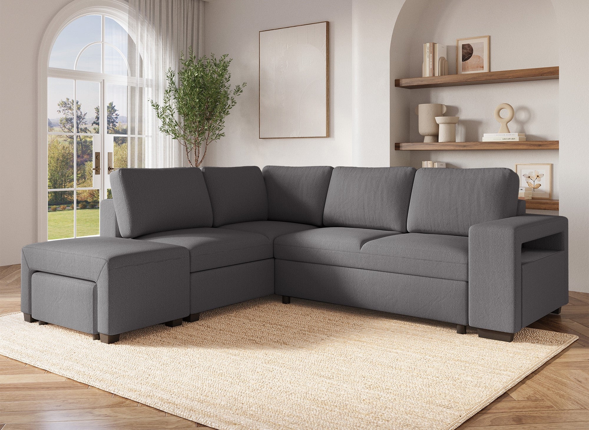 Sofá cama esquinero ALBAN en tela gris oscuro - Esquina izquierda