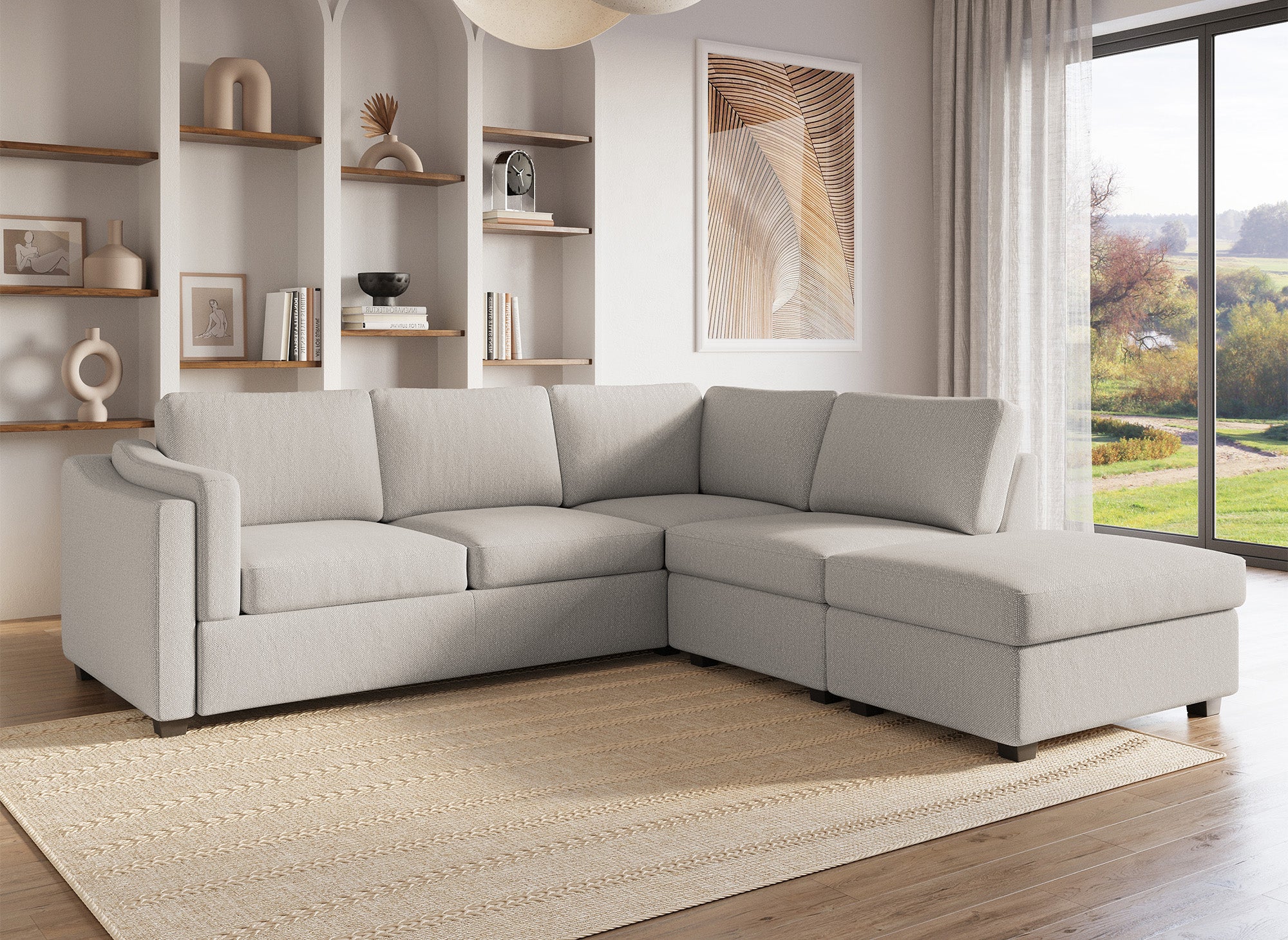 Sofá cama BARNEY con almacenaje en tela beige - Esquina derecha