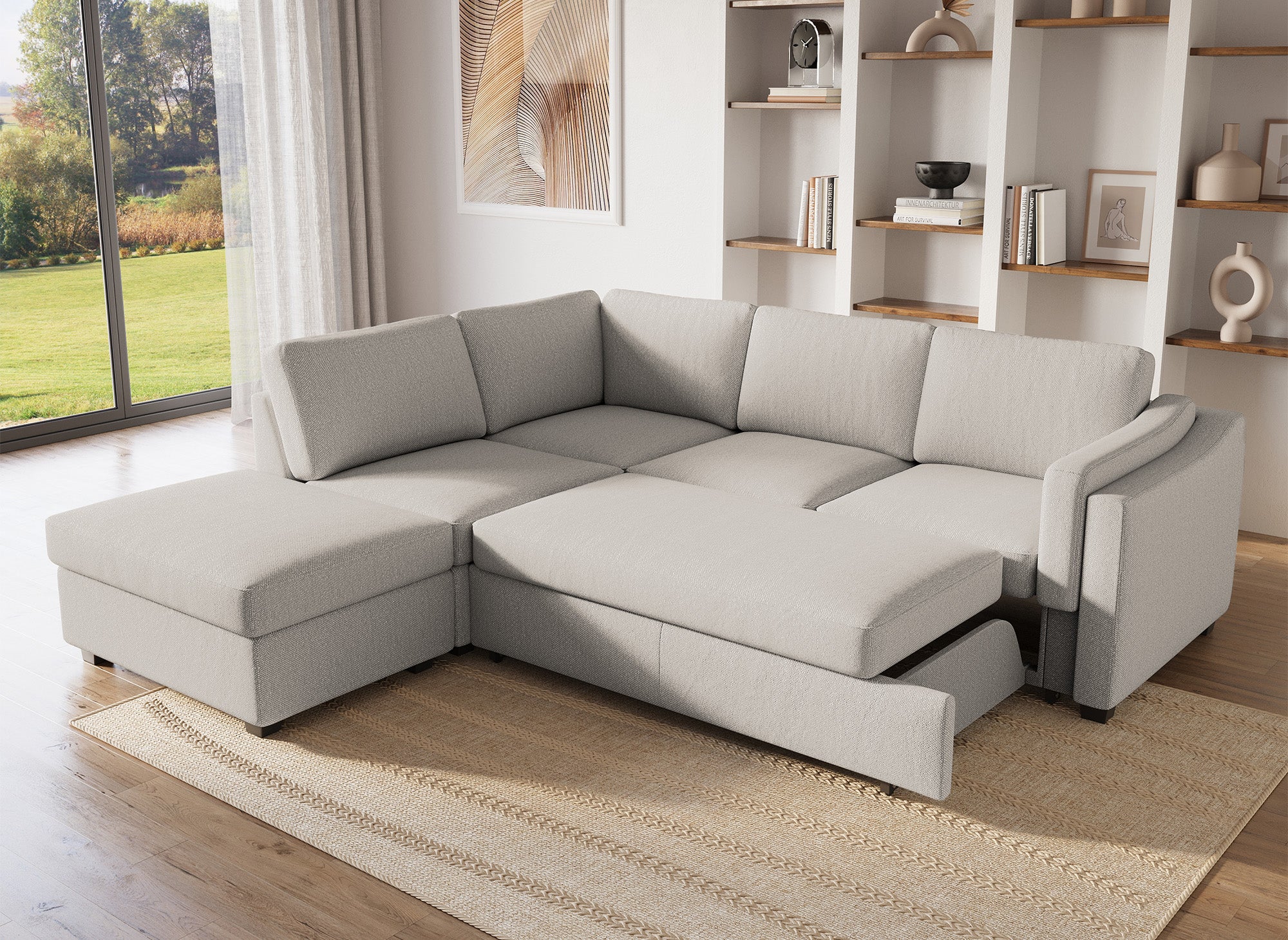 Sofá cama BARNEY convertible con almacenaje en tela beige - Esquina izquierda