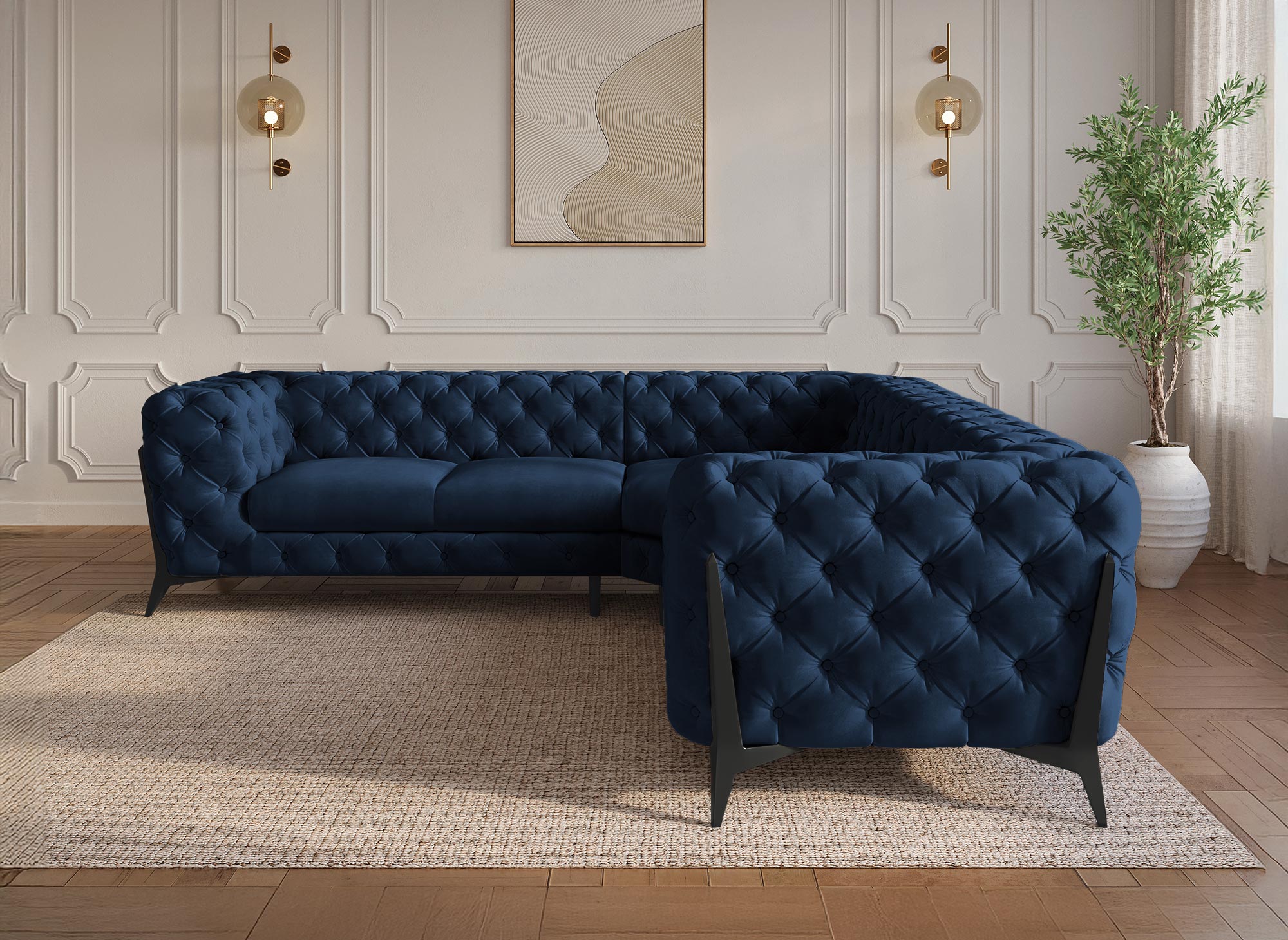 Sofá esquinero capitoné Chesterfield de terciopelo azul CARMEN