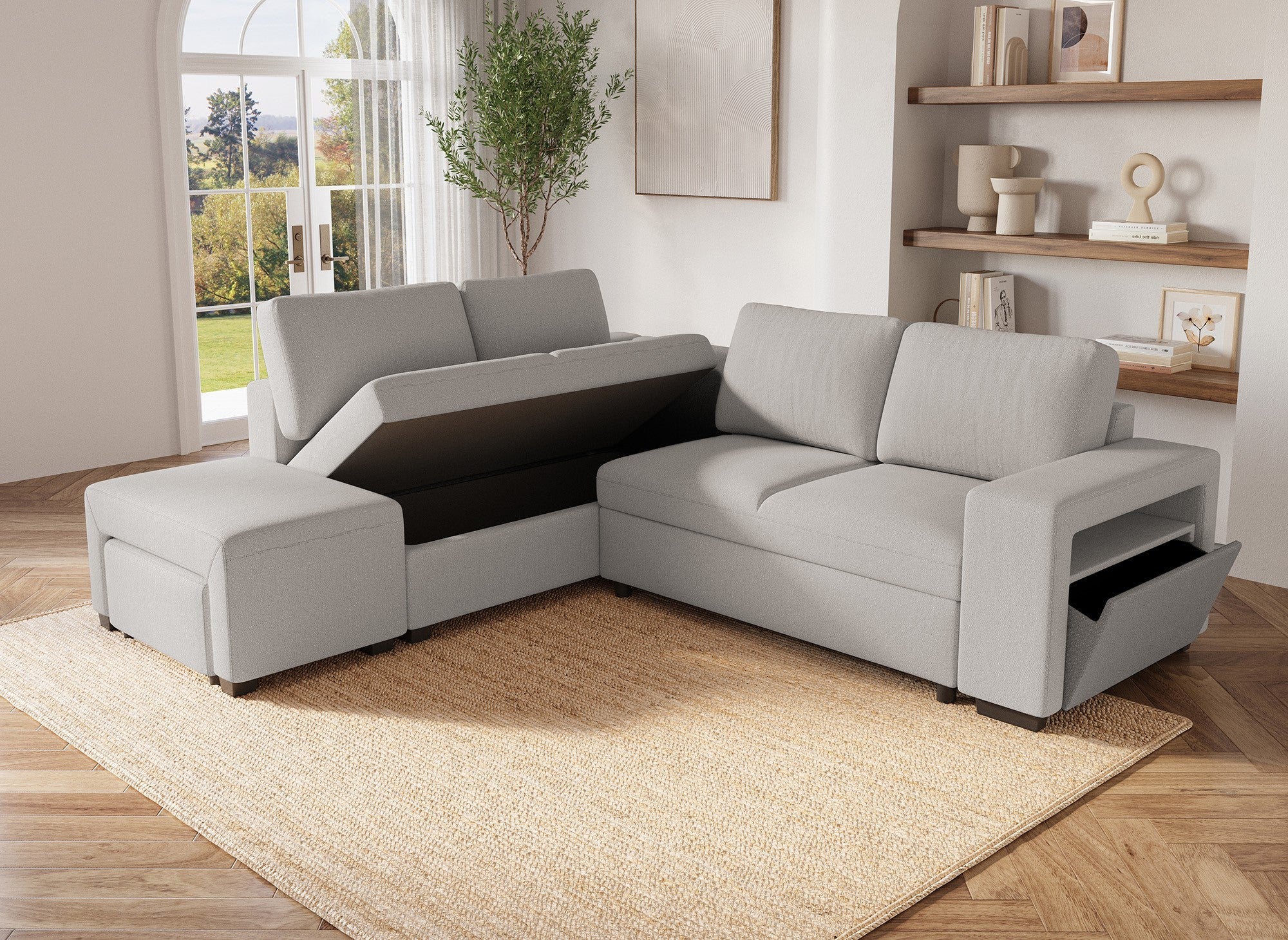 Sofá cama esquinero ALBAN de tela beige - Esquina izquierda