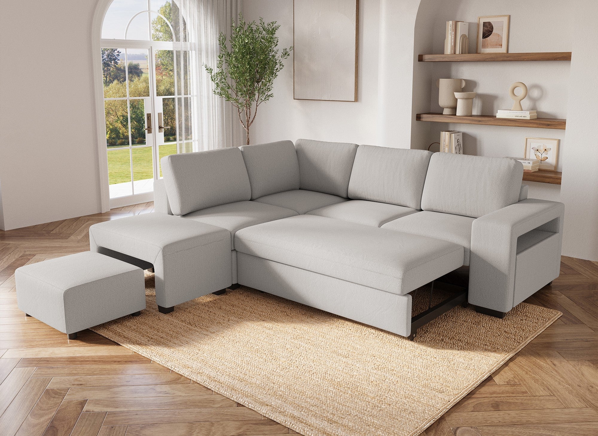 Sofá cama esquinero ALBAN de tela beige - Esquina izquierda