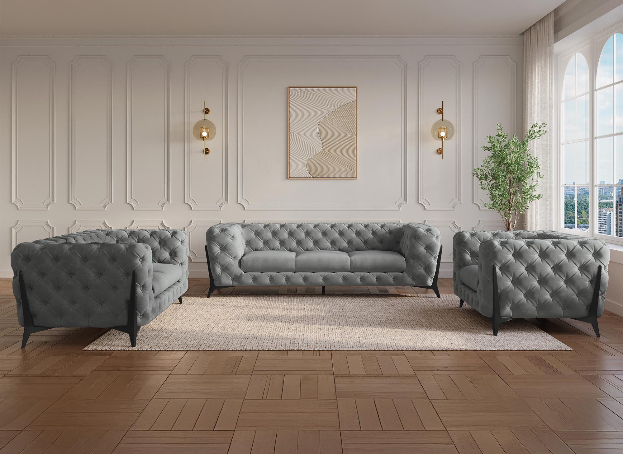 Sillón Chesterfield tapizado en terciopelo gris CARMEN