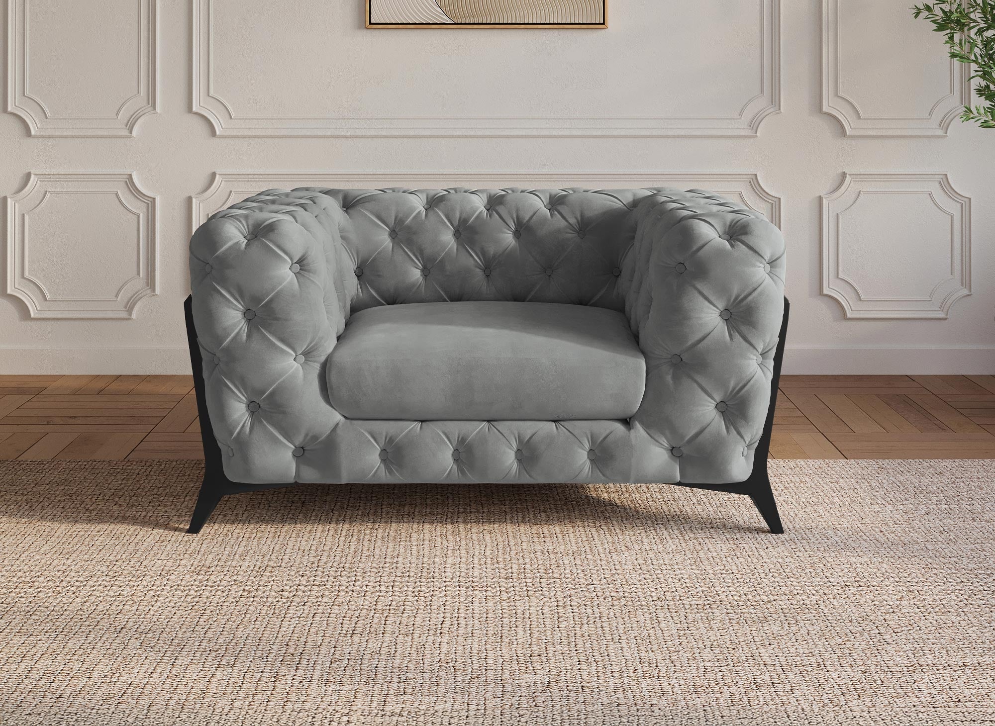 Sillón Chesterfield tapizado en terciopelo gris CARMEN