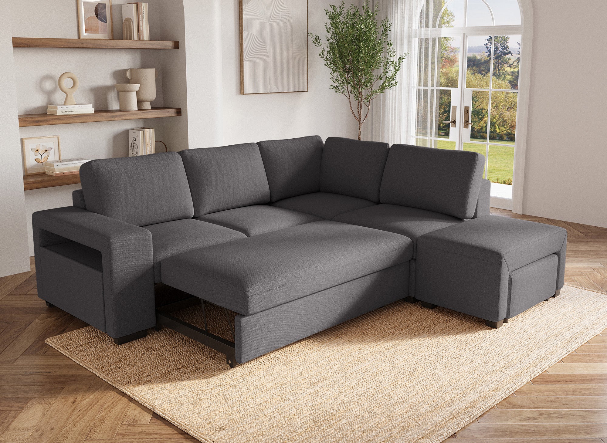 Sofá esquinero convertible ALBAN de tela gris oscuro - Esquina derecha