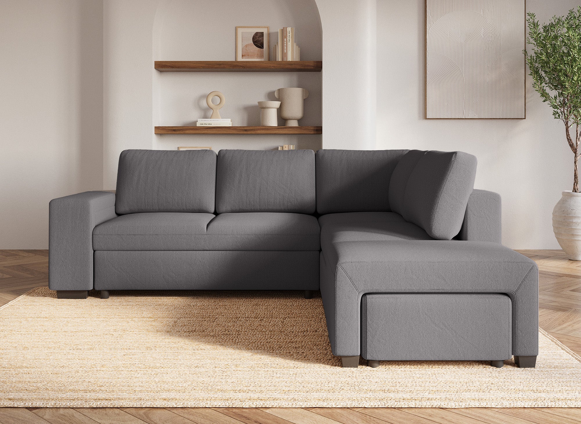 Sofá esquinero convertible ALBAN de tela gris oscuro - Esquina derecha
