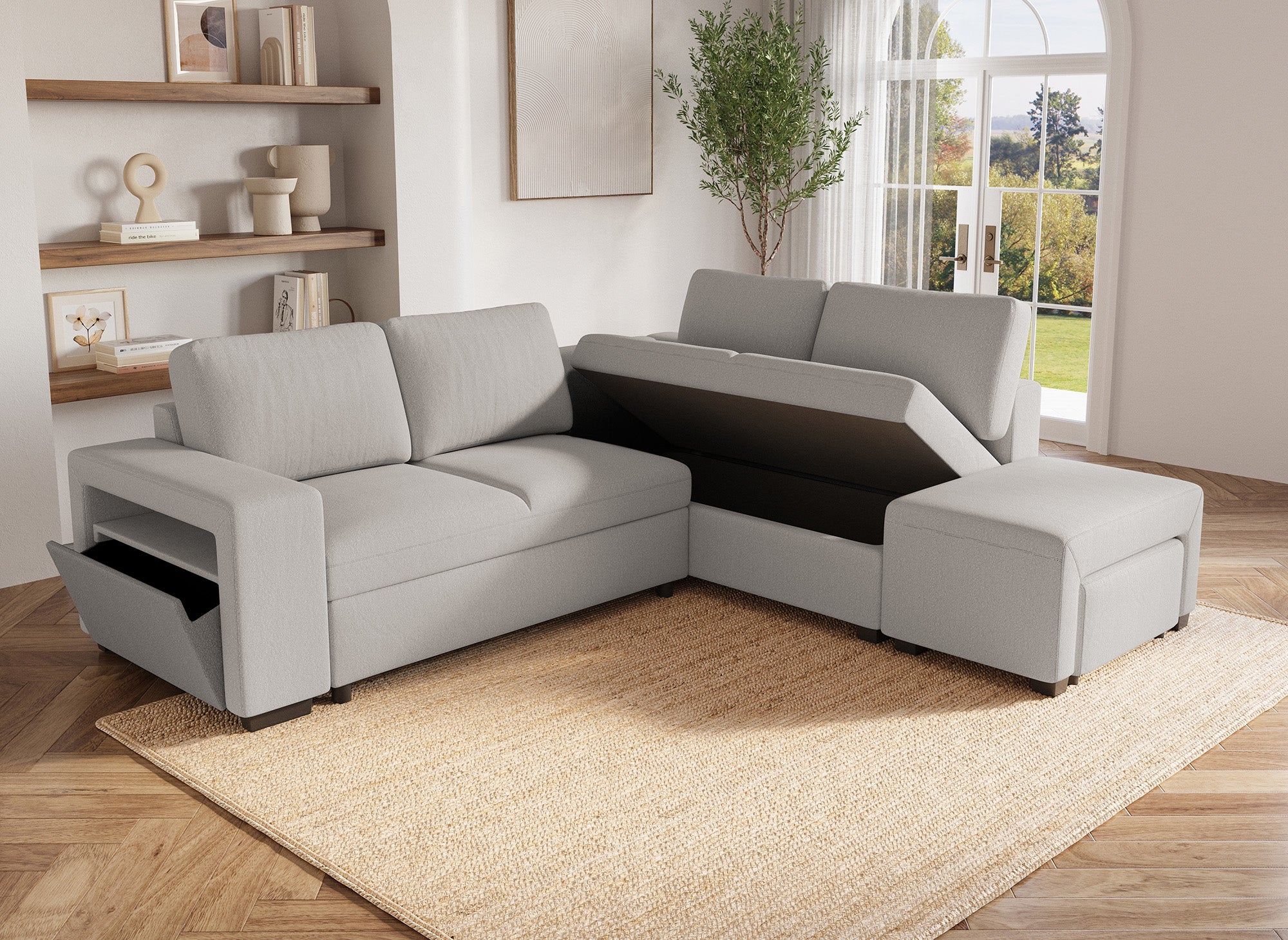 Sofá cama esquinero ALBAN de tela beige - Esquina derecha