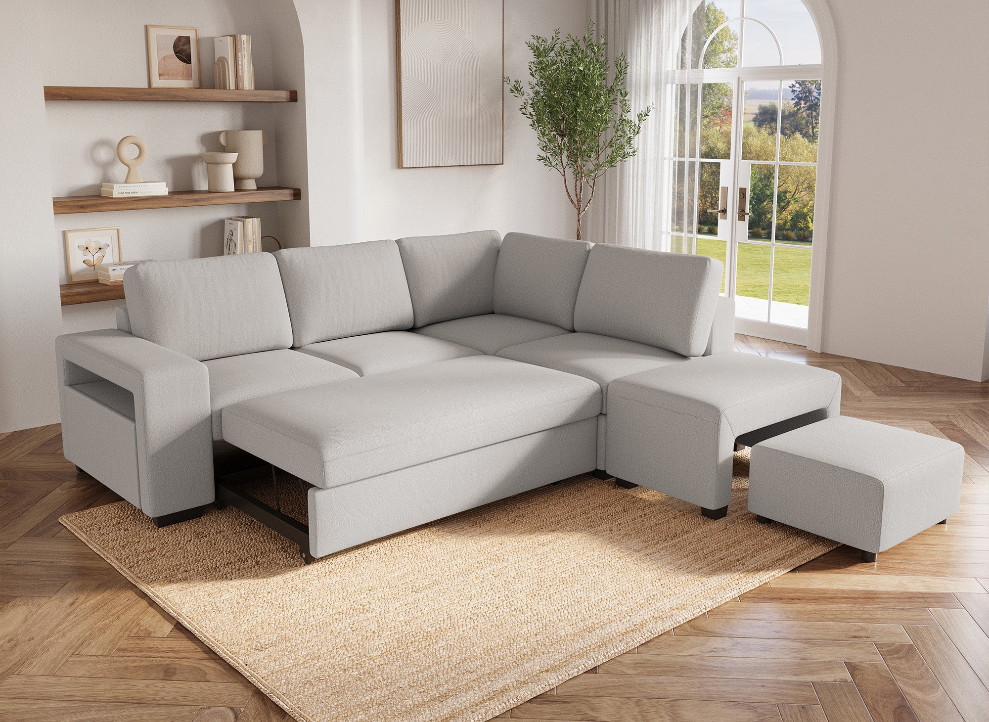 Sofá cama esquinero ALBAN de tela beige - Esquina derecha