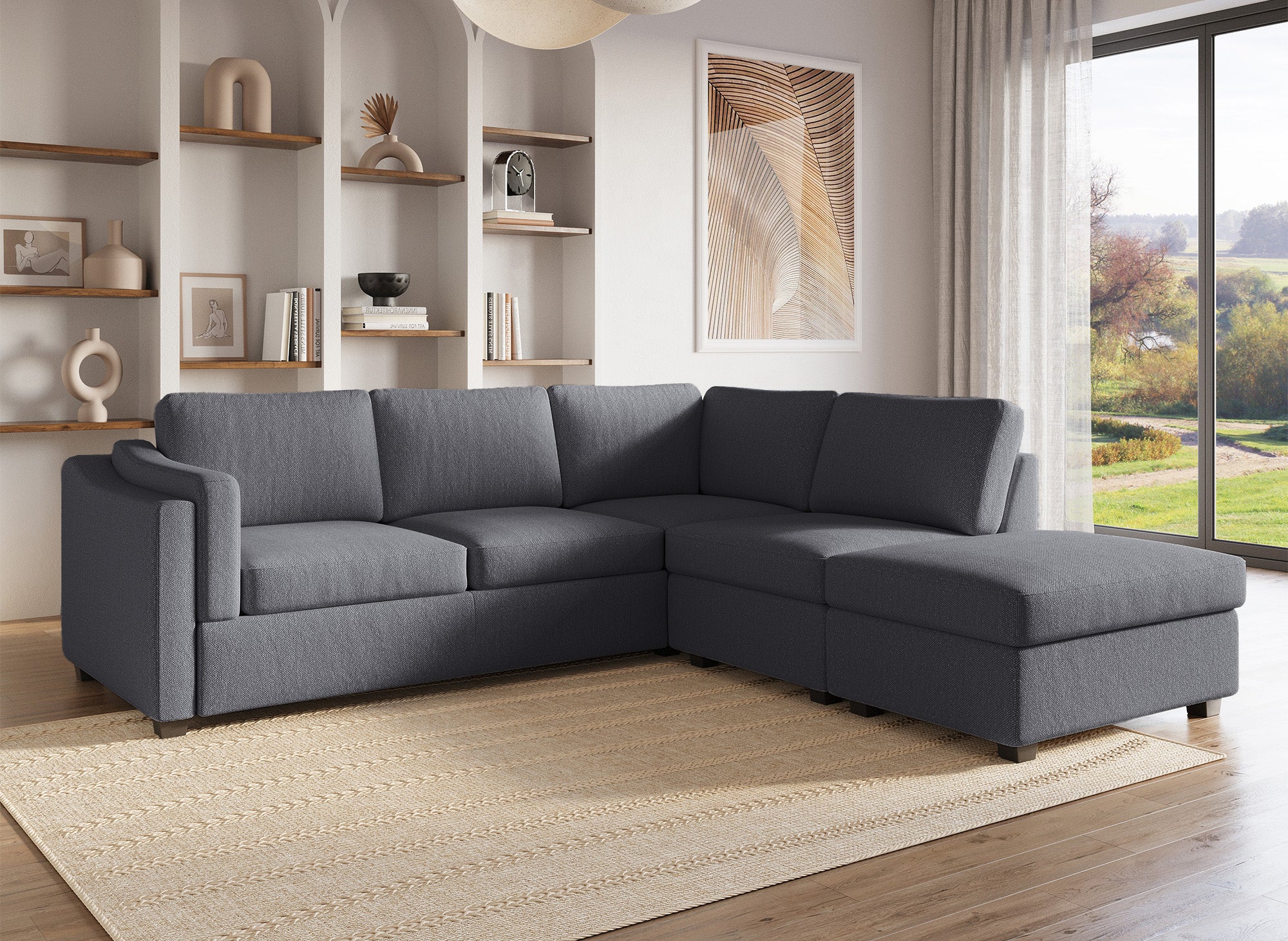 Sofá cama BARNEY con almacenaje en tela gris - Esquina derecha