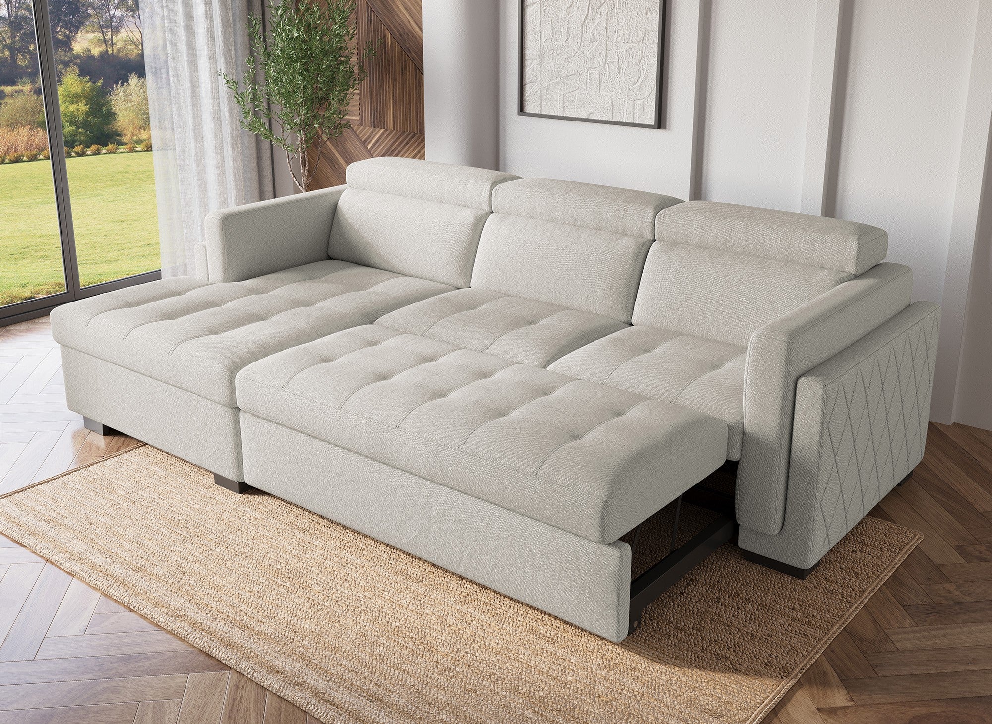 Sofá cama esquinero CHANDLER de tela beige - Esquina izquierda