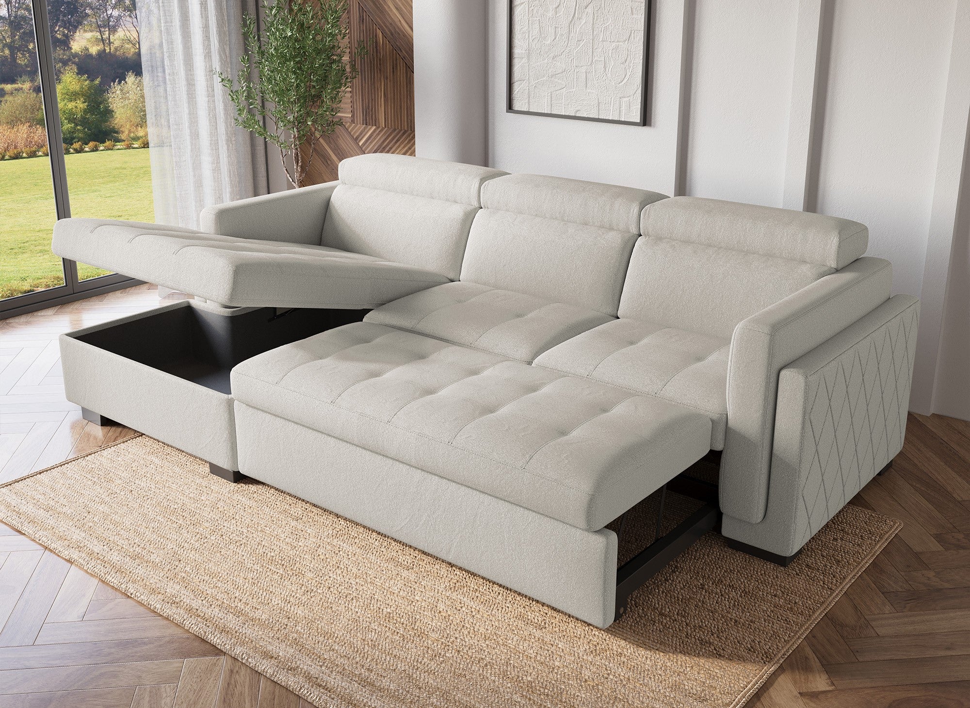 Sofá cama esquinero CHANDLER de tela beige - Esquina izquierda