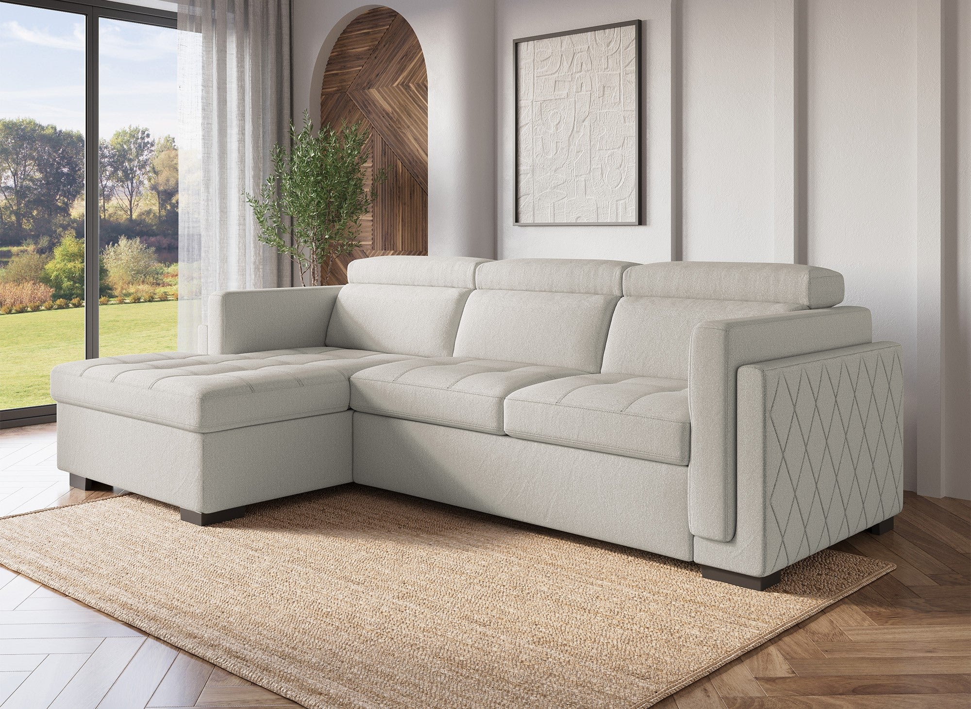 Sofá cama esquinero CHANDLER de tela beige - Esquina izquierda