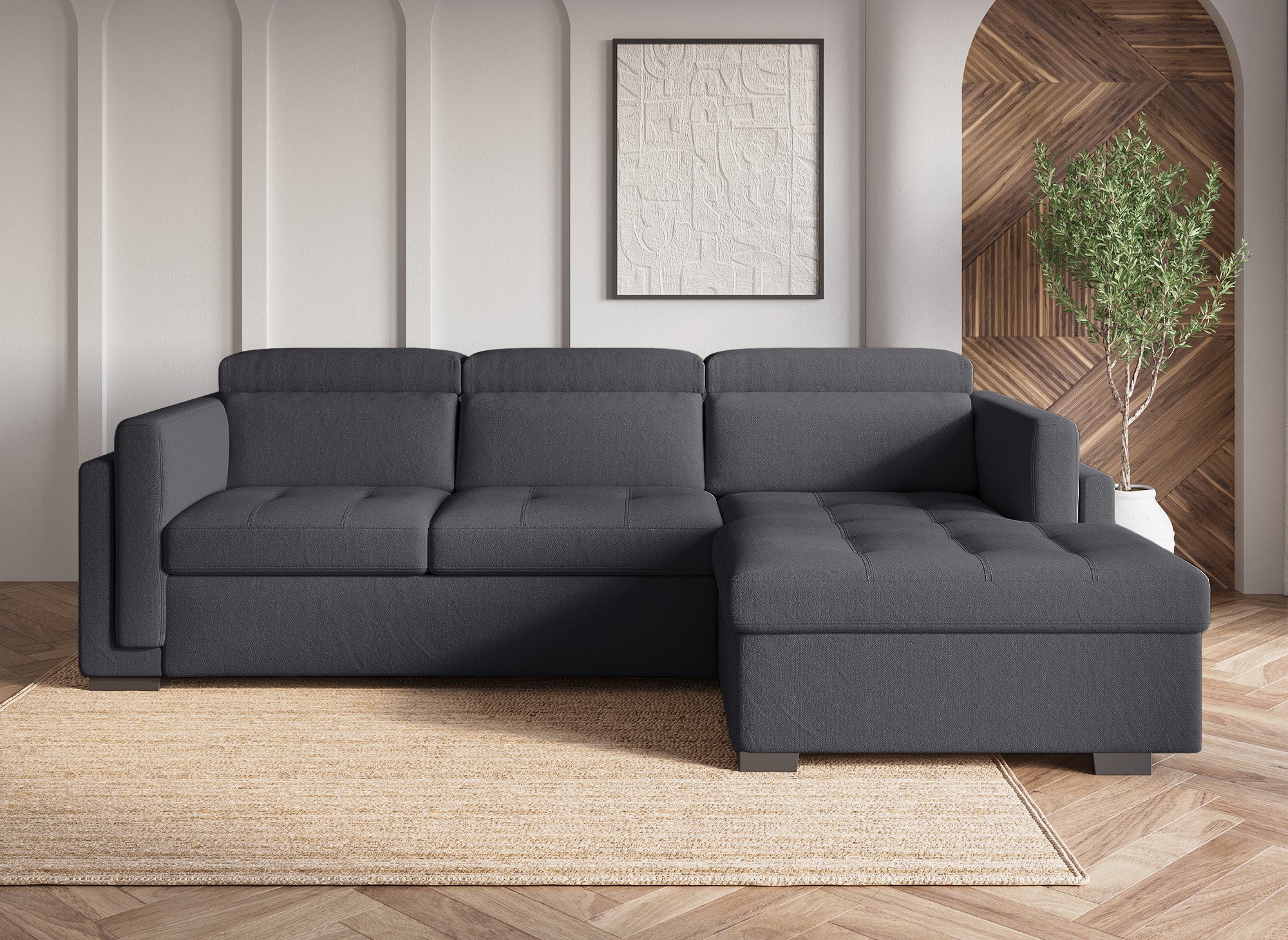 Sofá esquinero convertible CHANDLER en tela gris oscuro - Esquinero derecho