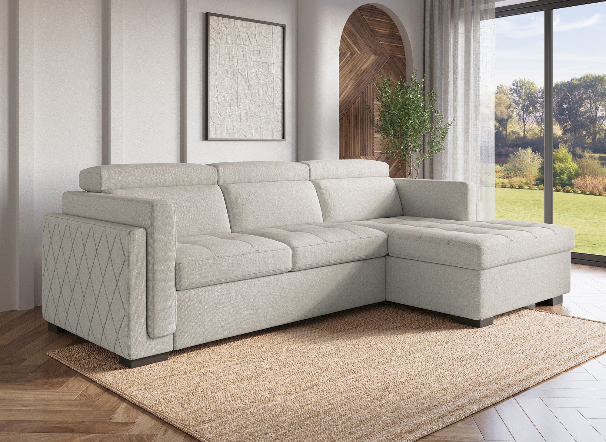 Sofá cama esquinero CHANDLER de tela beige - Esquina derecha