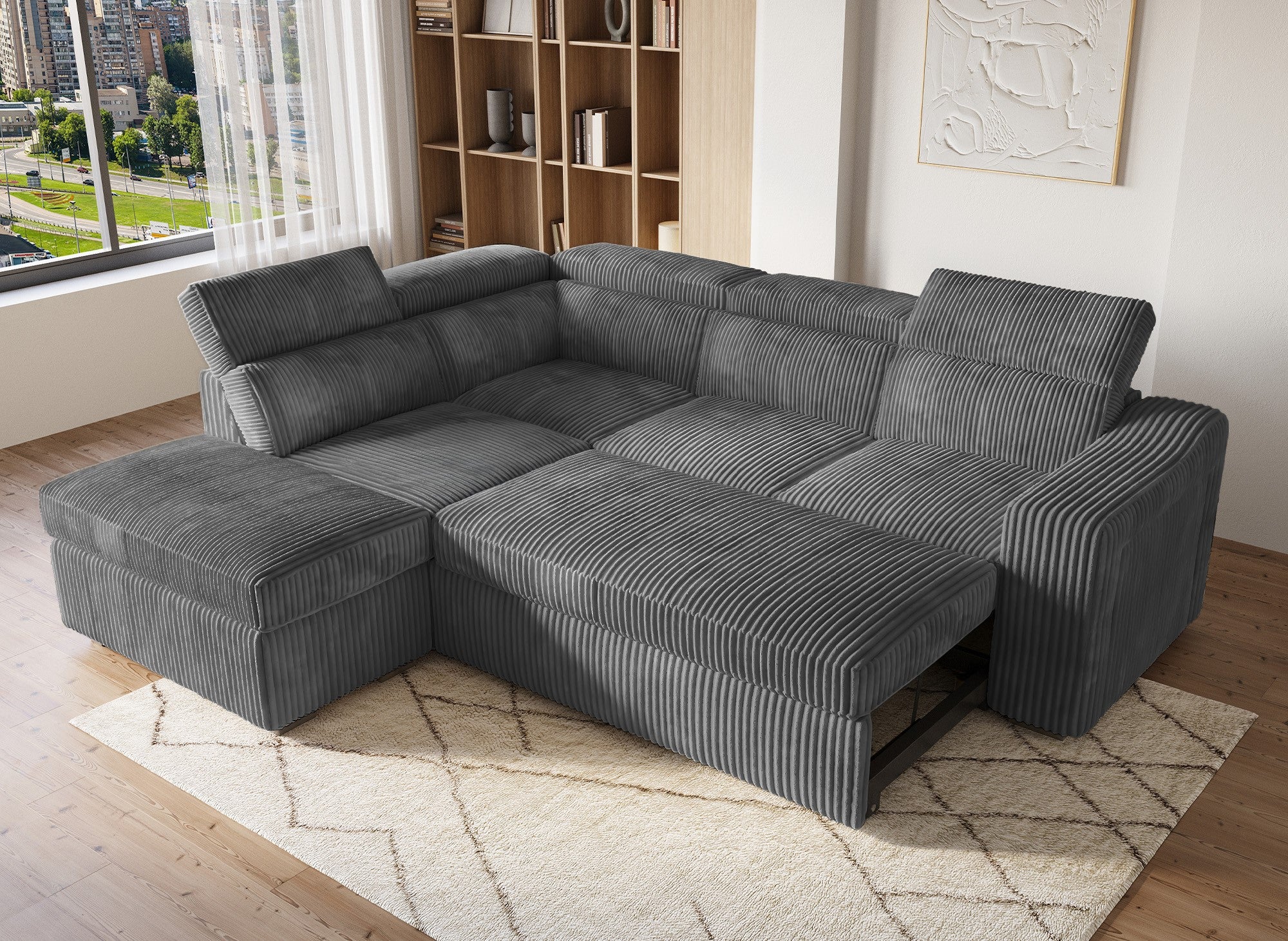 Sofá cama esquinero MARTY con almacenaje en pana gris - Esquina izquierda