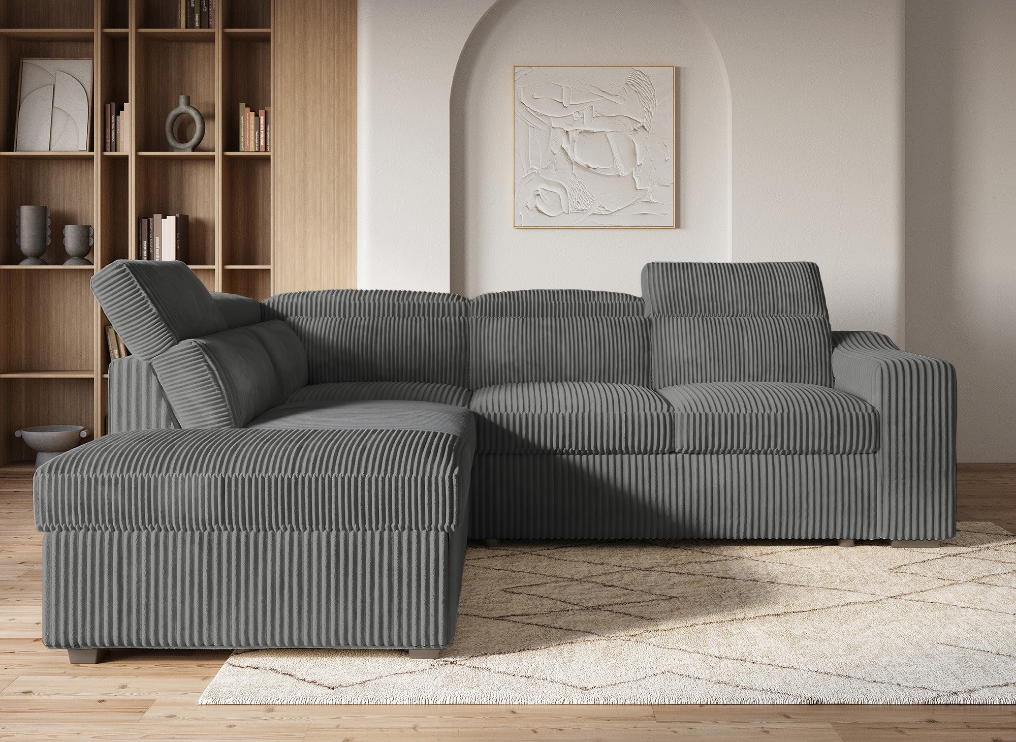 Sofá cama esquinero MARTY con almacenaje en pana gris - Esquina izquierda