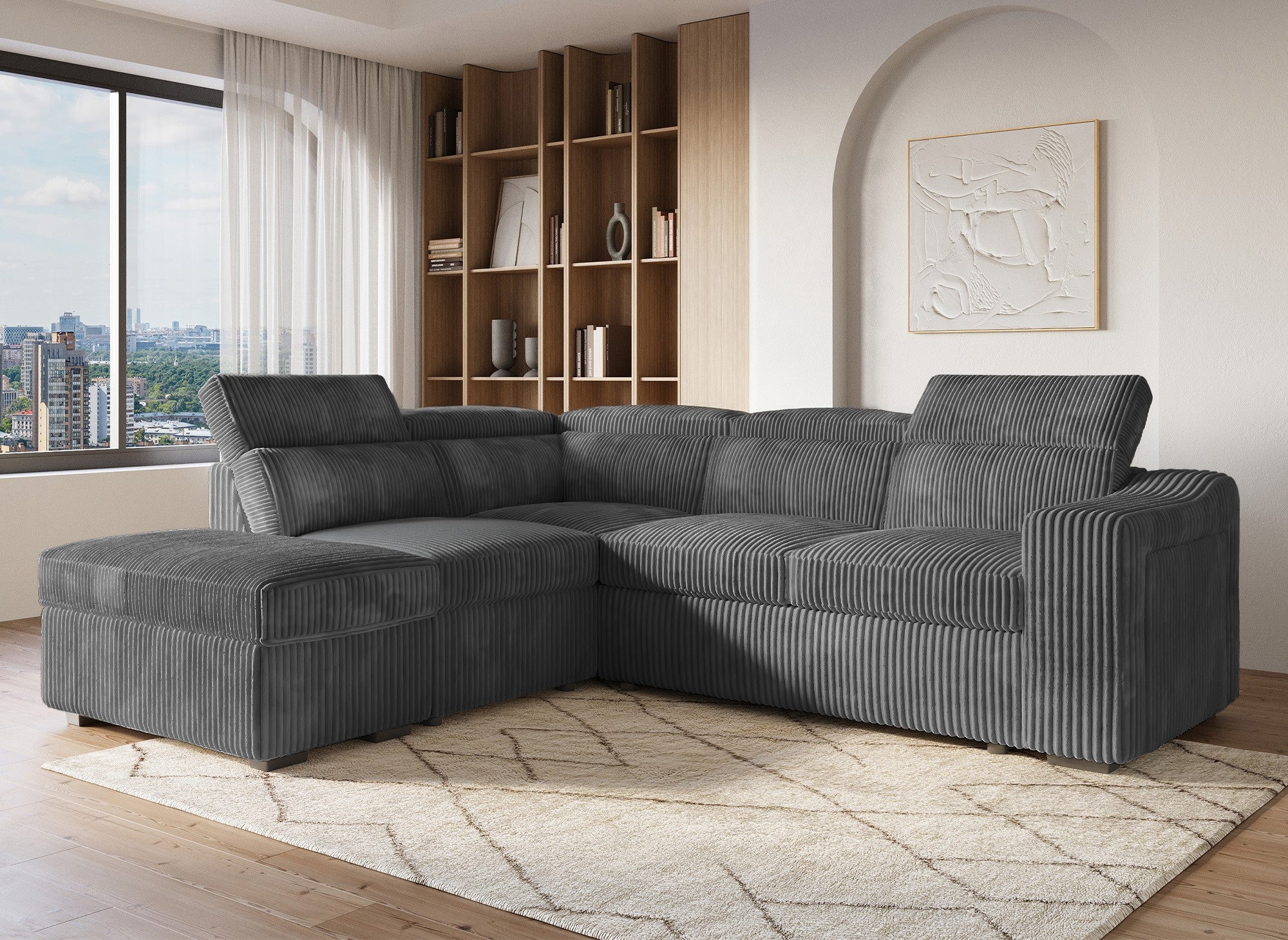 Sofá cama esquinero MARTY con almacenaje en pana gris - Esquina izquierda