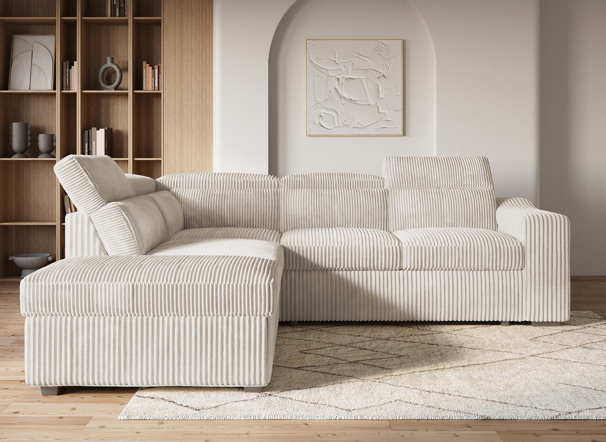 Sofá cama esquinero MARTY con almacenaje en terciopelo de pana beige - Esquina izquierda