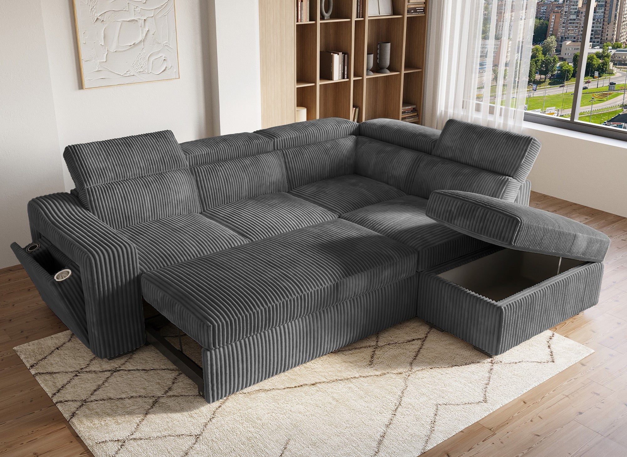Sofá cama esquinero MARTY con almacenaje en pana gris - Esquina derecha
