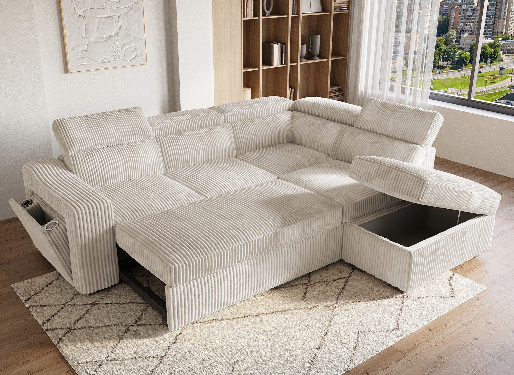 Sofá cama esquinero MARTY con almacenaje en pana beige - Esquina derecha