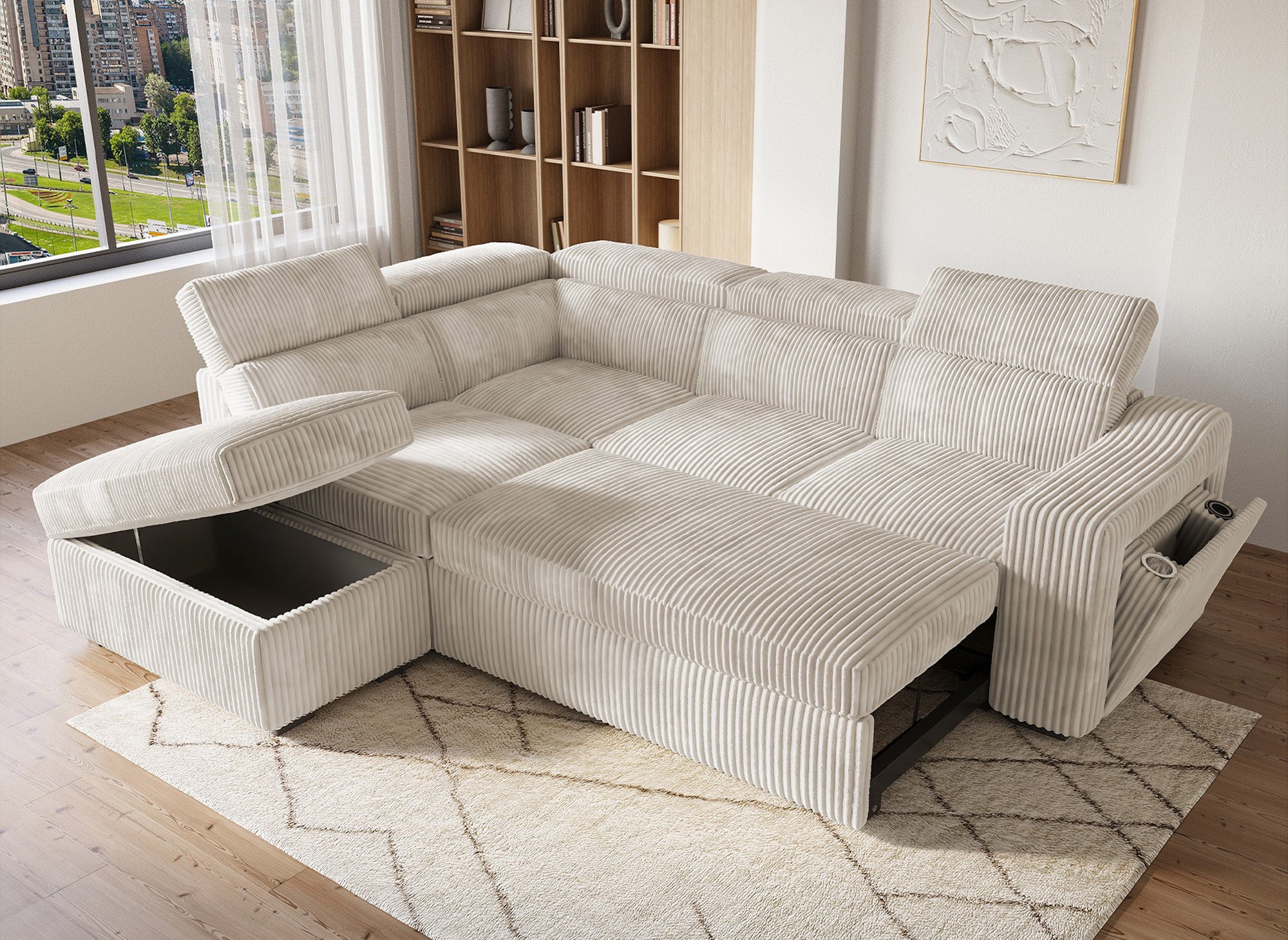 Sofá cama esquinero MARTY con almacenaje en terciopelo de pana beige - Esquina izquierda