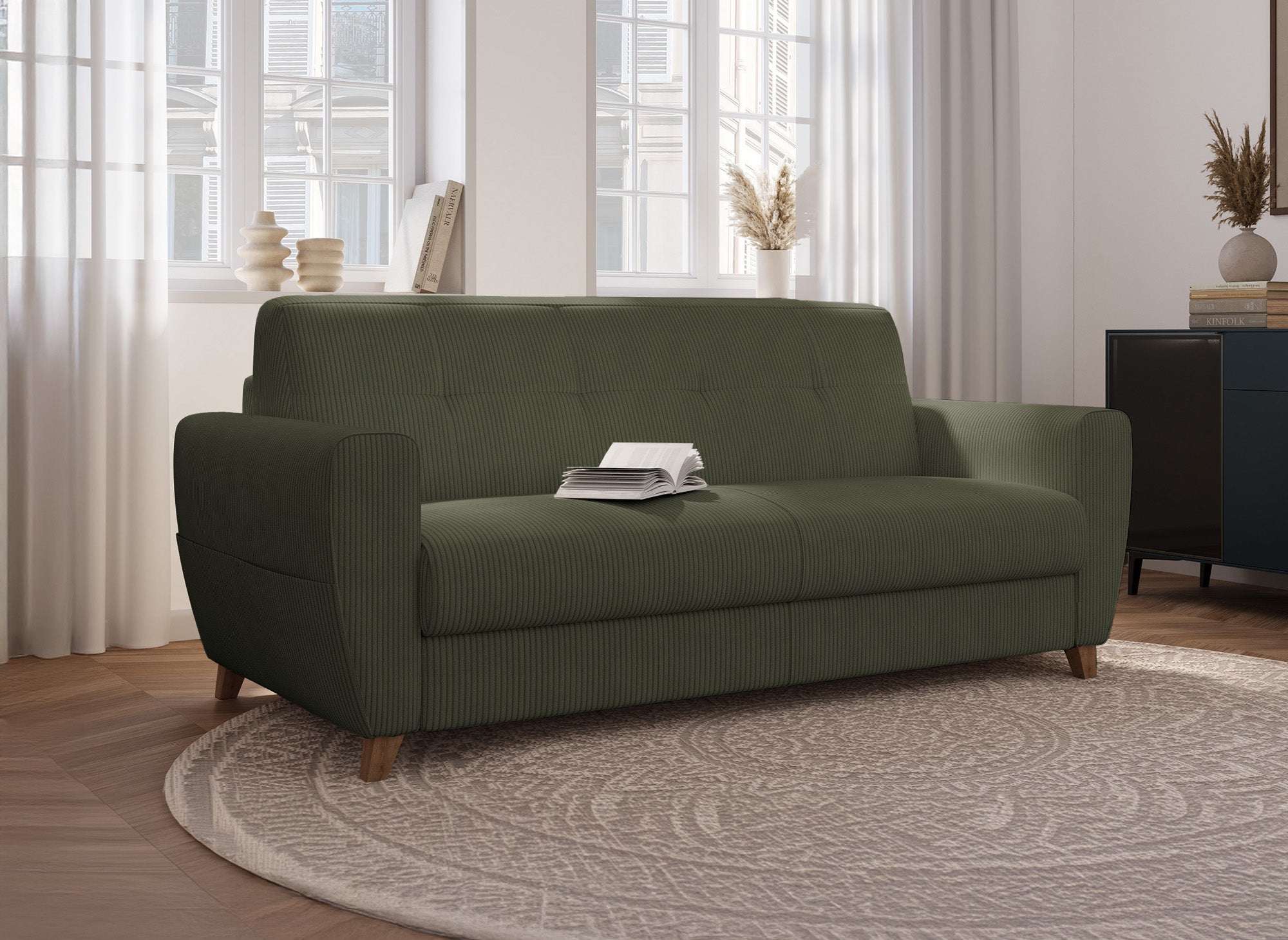 Sofá cama TOBIAS de 3 plazas en pana verde caqui con colchón de 18 cm