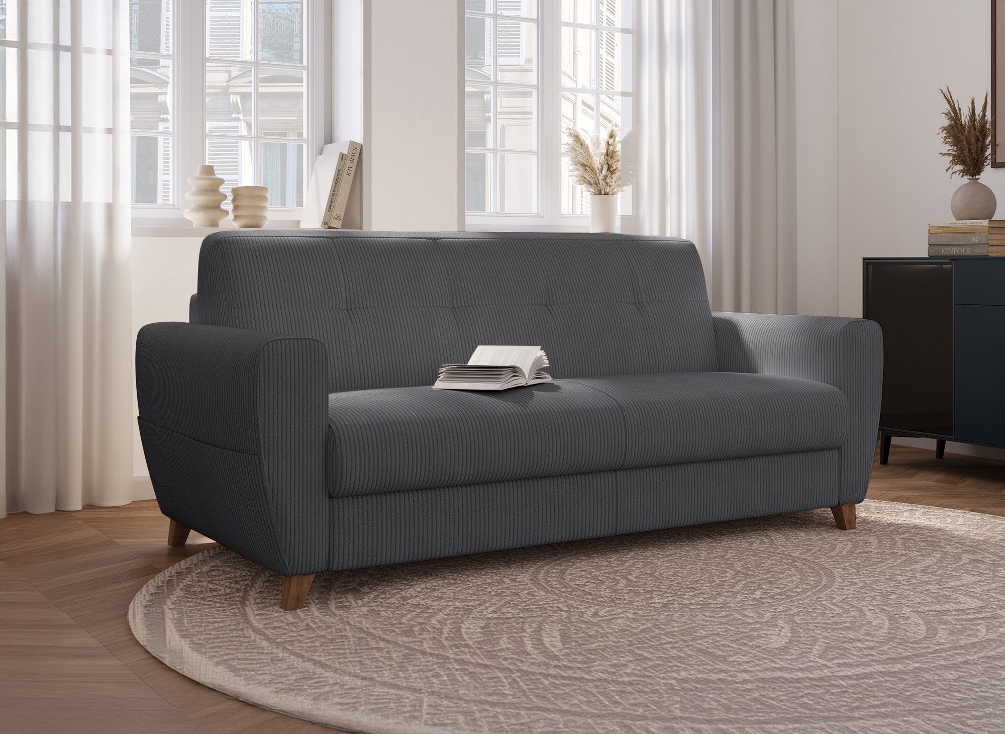 Sofá cama TOBIAS de 3 plazas en pana gris oscuro con colchón de 18 cm