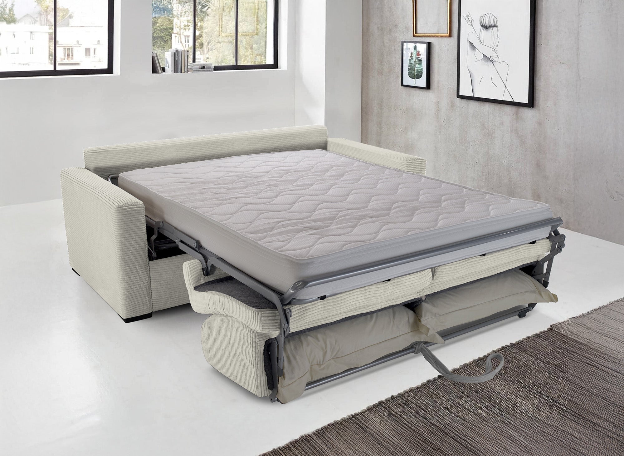 Sofá cama LOUNA de 3 plazas en pana beige con apertura rápida