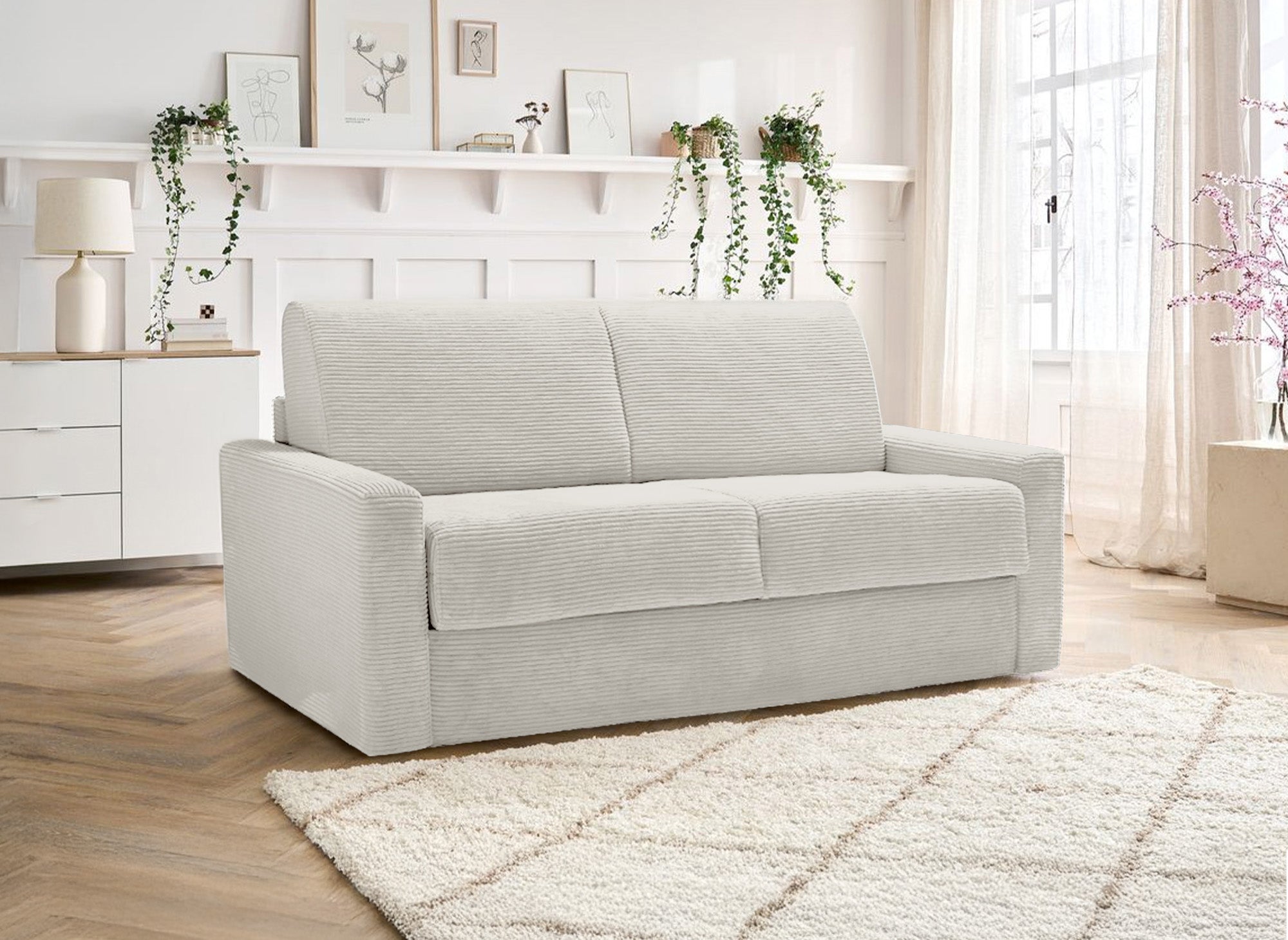 Sofá cama LOUNA de 3 plazas en pana beige con apertura rápida