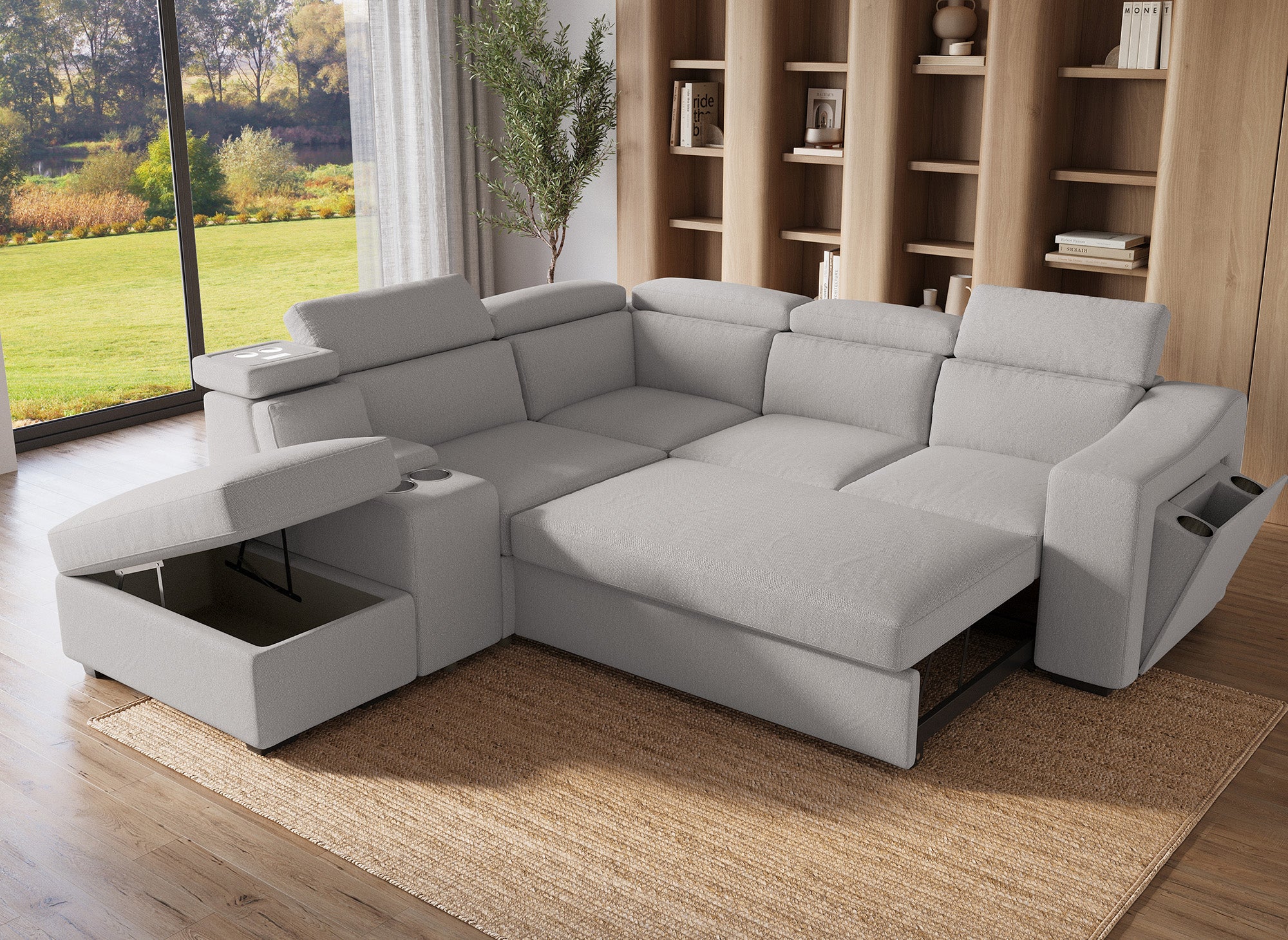 Sofá cama esquinero DEREK XL de tela beige - Esquina izquierda