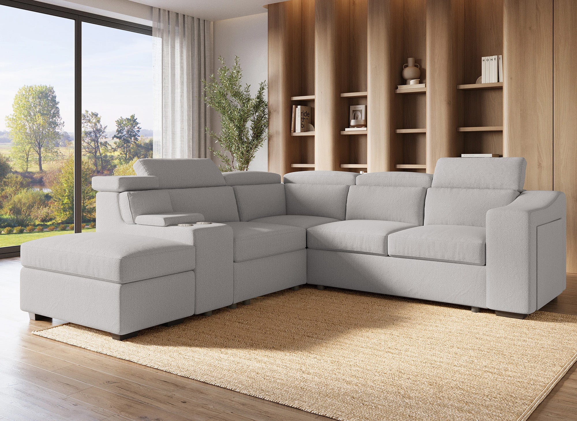 Sofá cama esquinero DEREK XL de tela beige - Esquina izquierda