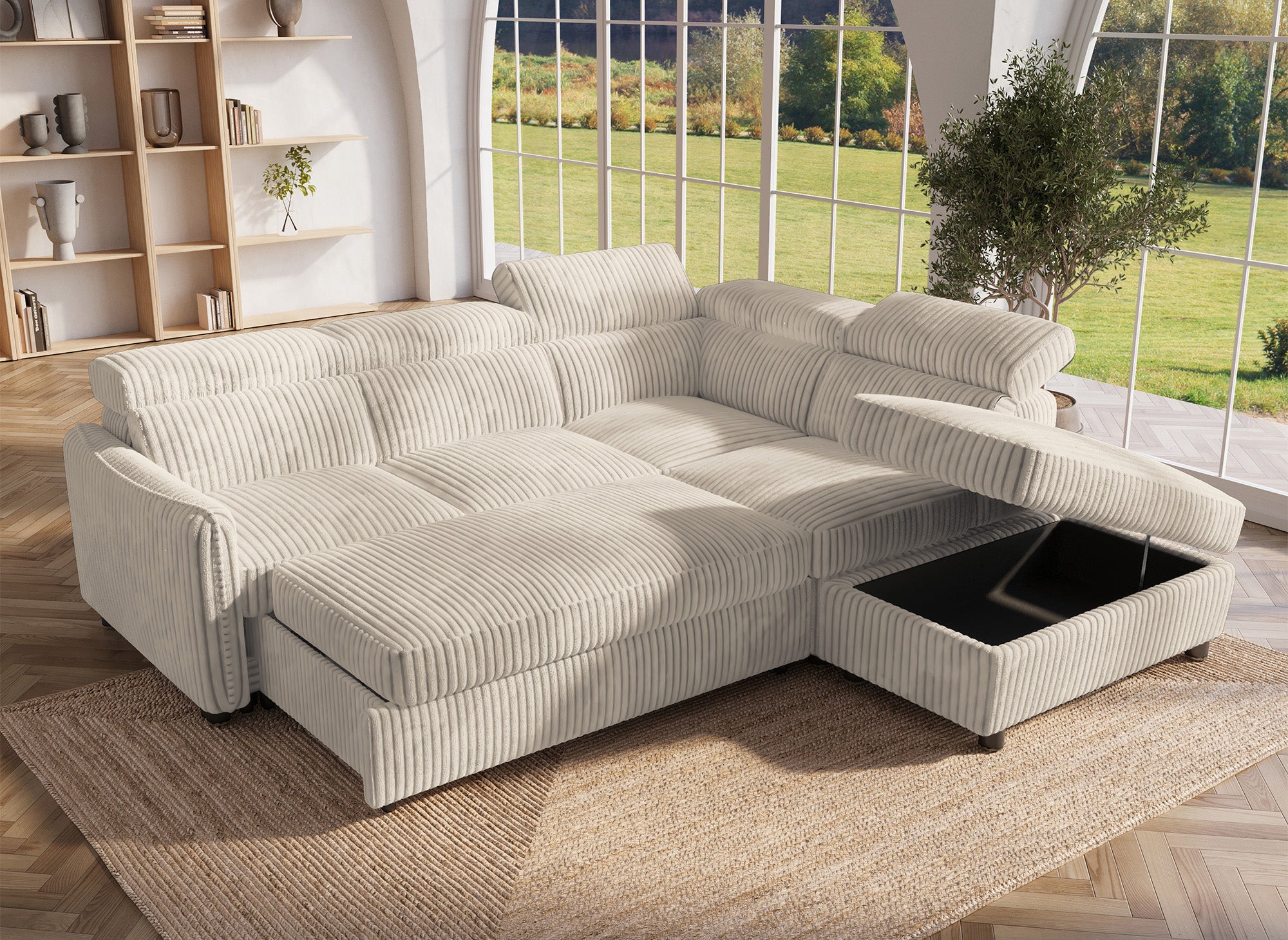 Sofá cama esquinero NAIROBI de pana gruesa color beige - Esquina derecha