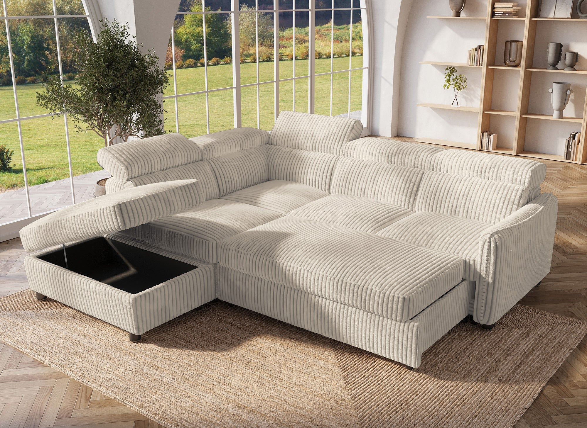 Sofá cama esquinero NAIROBI de pana gruesa color beige - Esquina izquierda