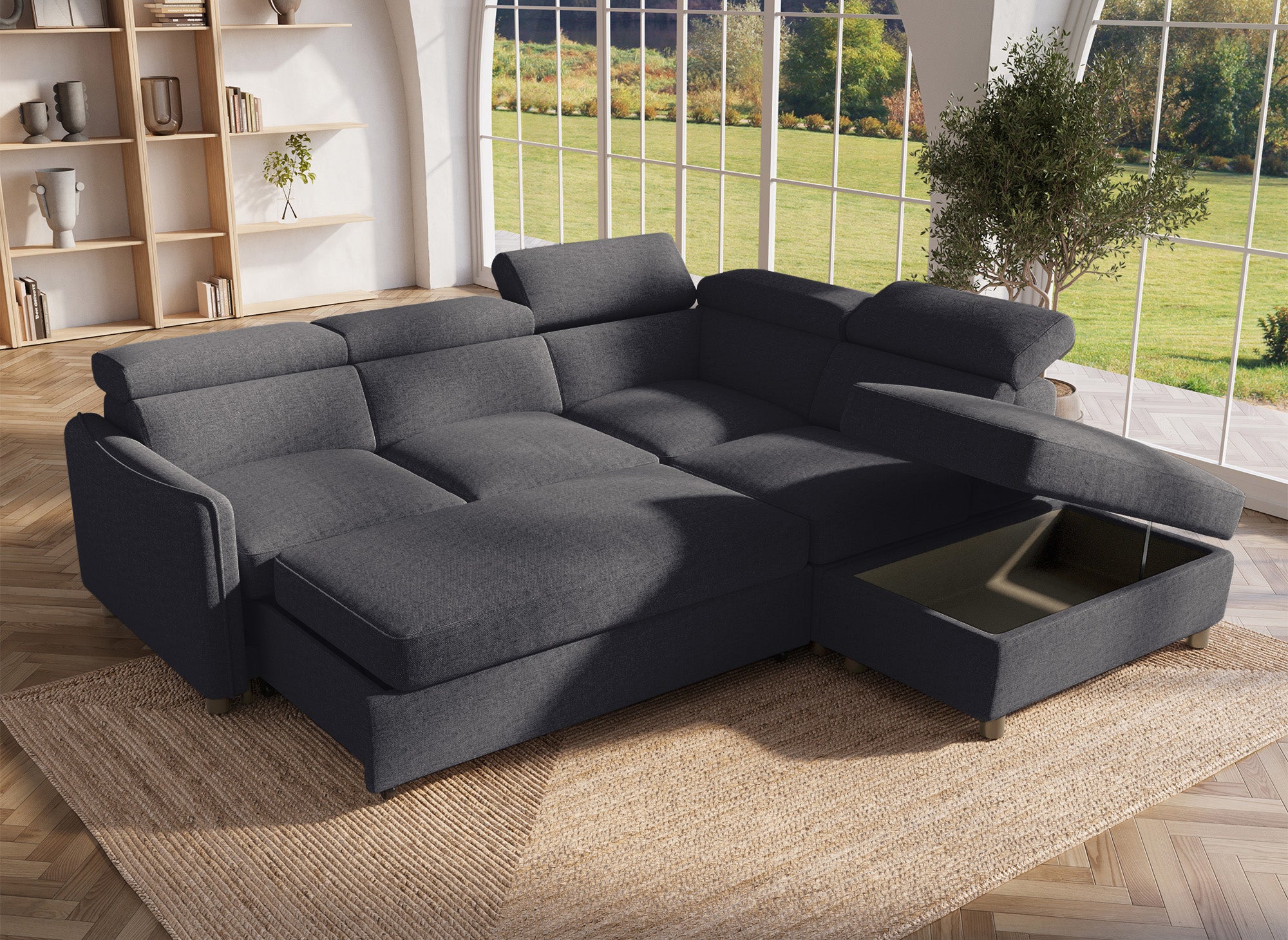 Sofá cama esquinero NAIROBI de tela gris - Esquina derecha