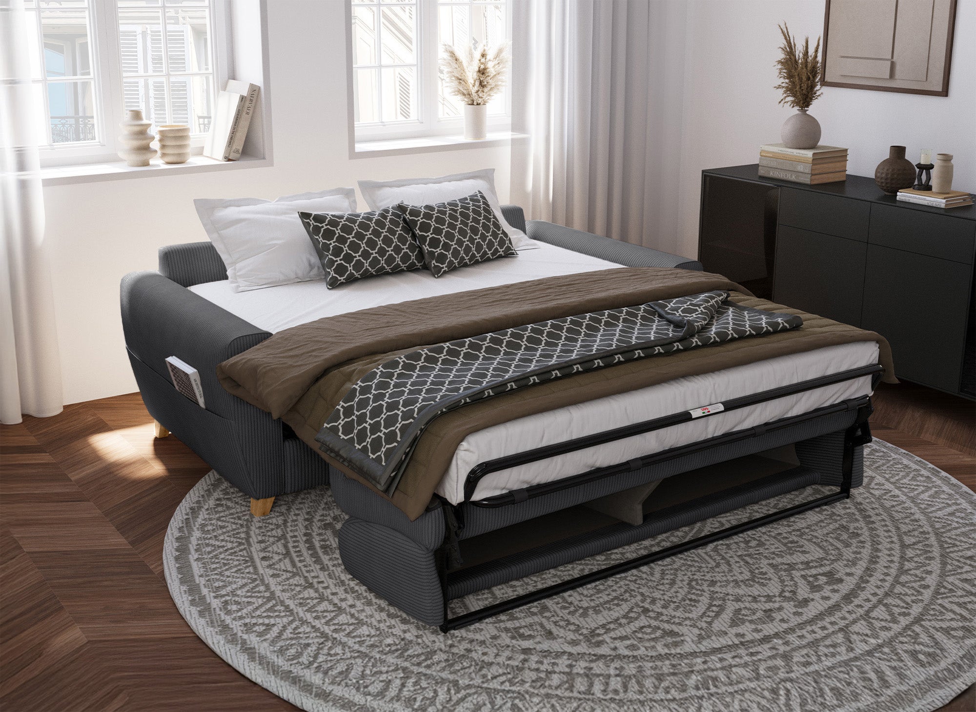 Sofá cama TOBIAS de 3 plazas en pana gris oscuro con colchón de 18 cm