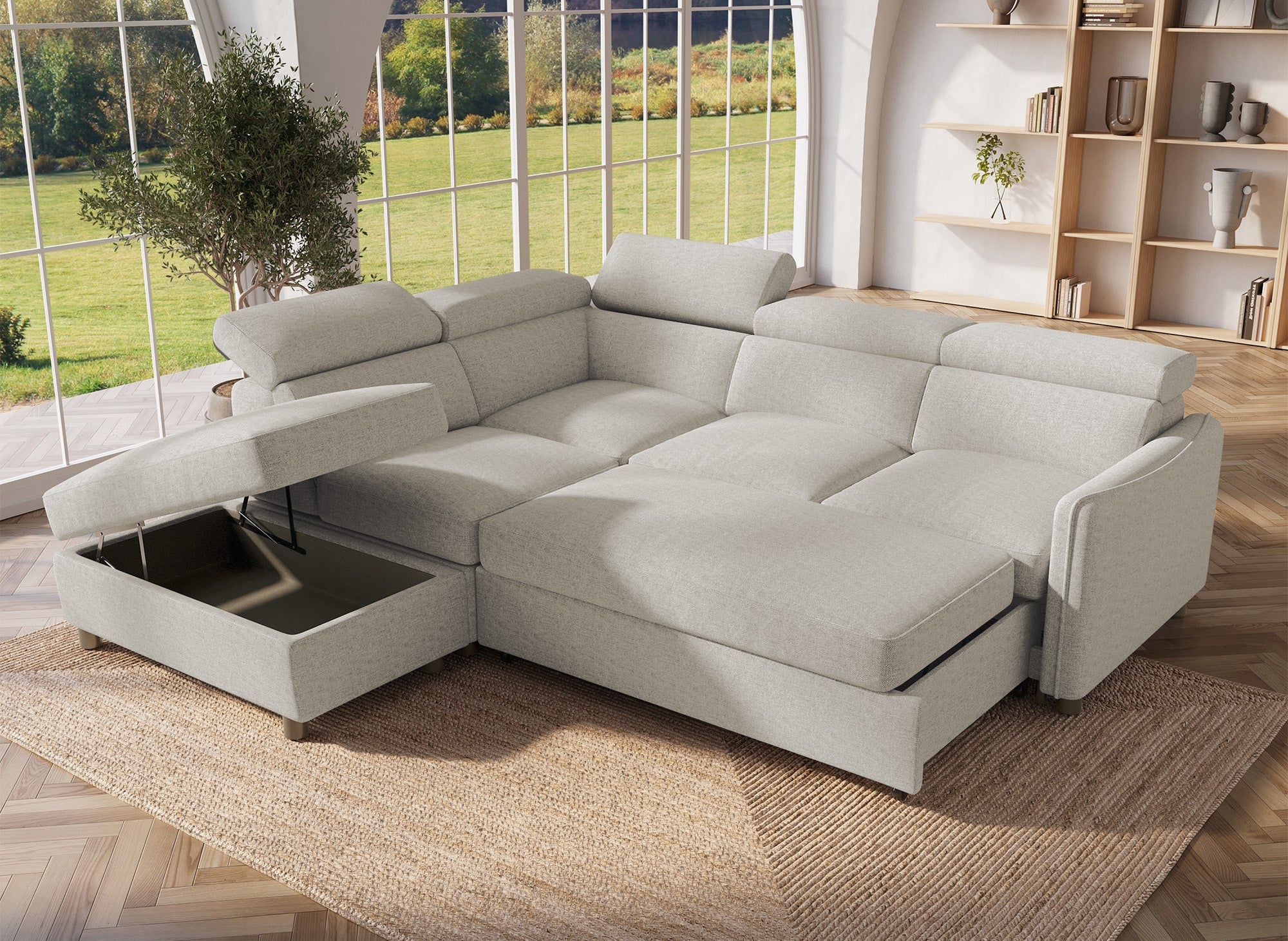 Sofá cama esquinero NAIROBI de tela beige - Esquina izquierda