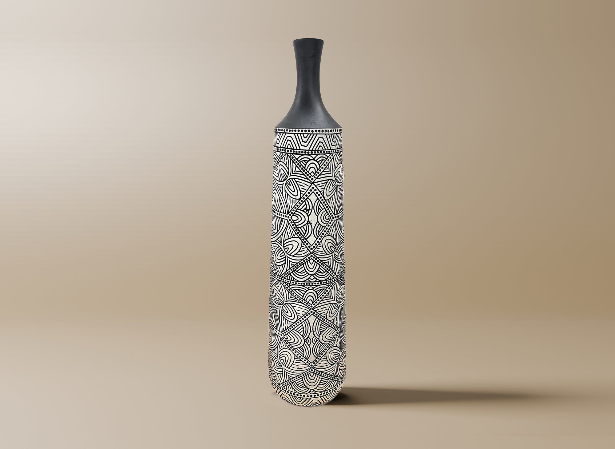 Jarrón étnico elegante LAORA en poliresina blanca y negra, 78 cm de alto