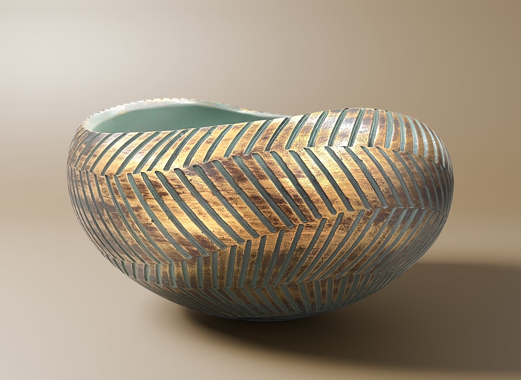 Cuenco redondo de poliresina verde y dorada, 38 cm AMIRA