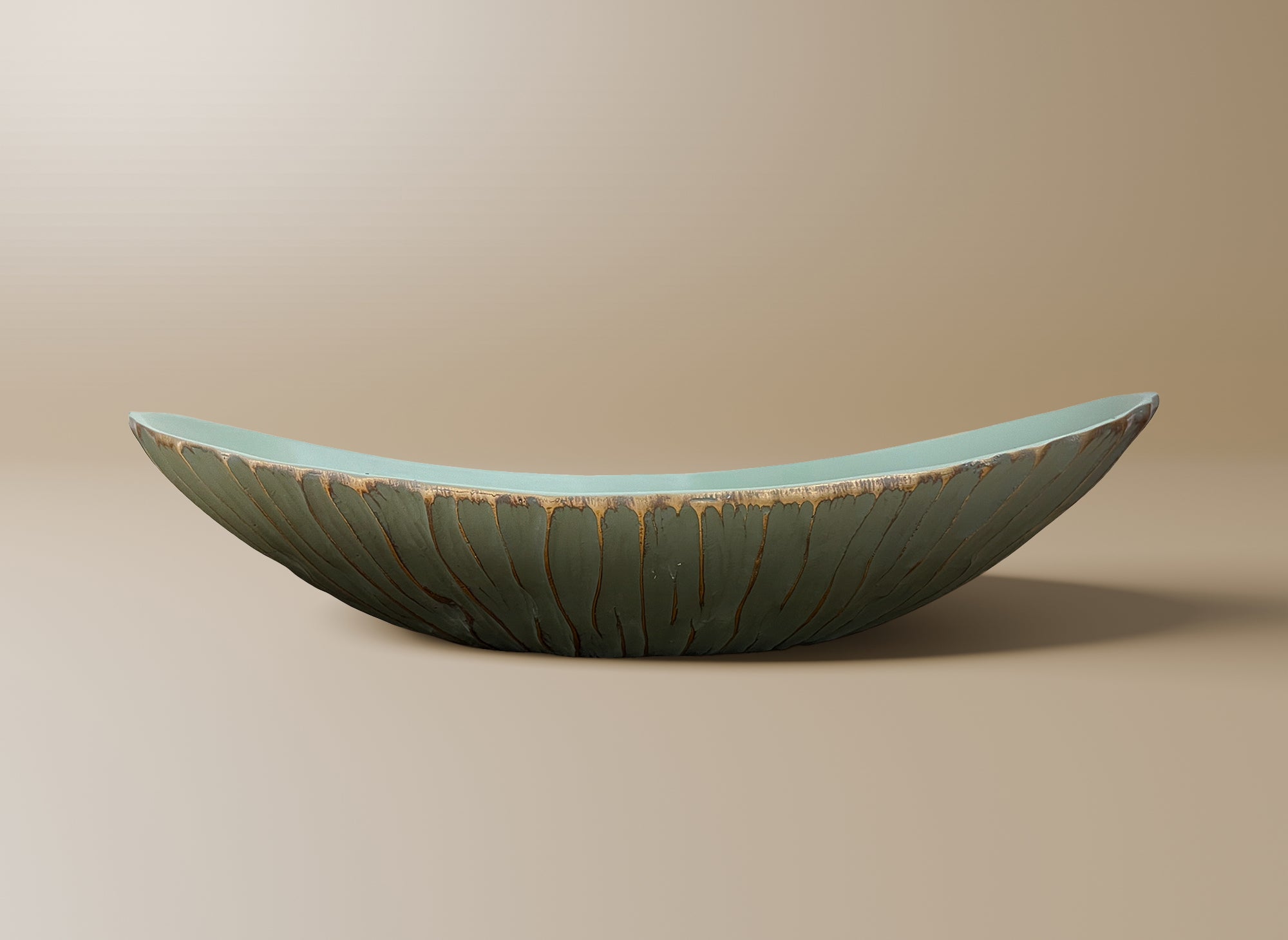 Cuenco ovalado de poliresina verde y dorada, 35 cm, GABY