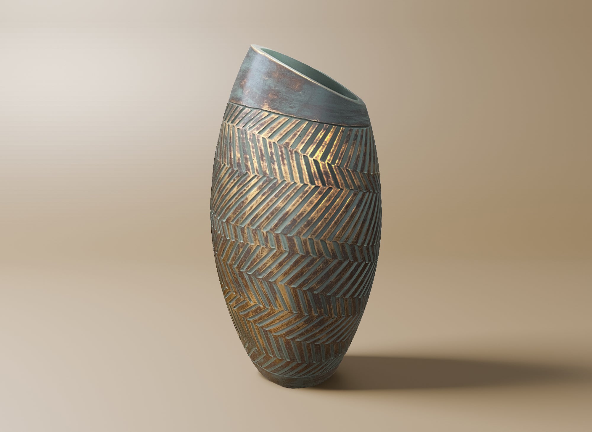 Jarrón AMIRA de poliresina verde y dorada, 35 cm de alto